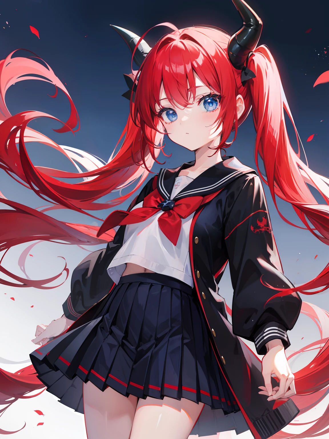 red hair, blue eyes, twintails, Sailor suit,black coat, Pleated skirt,solo,loli,cute,bow,Dragon horns