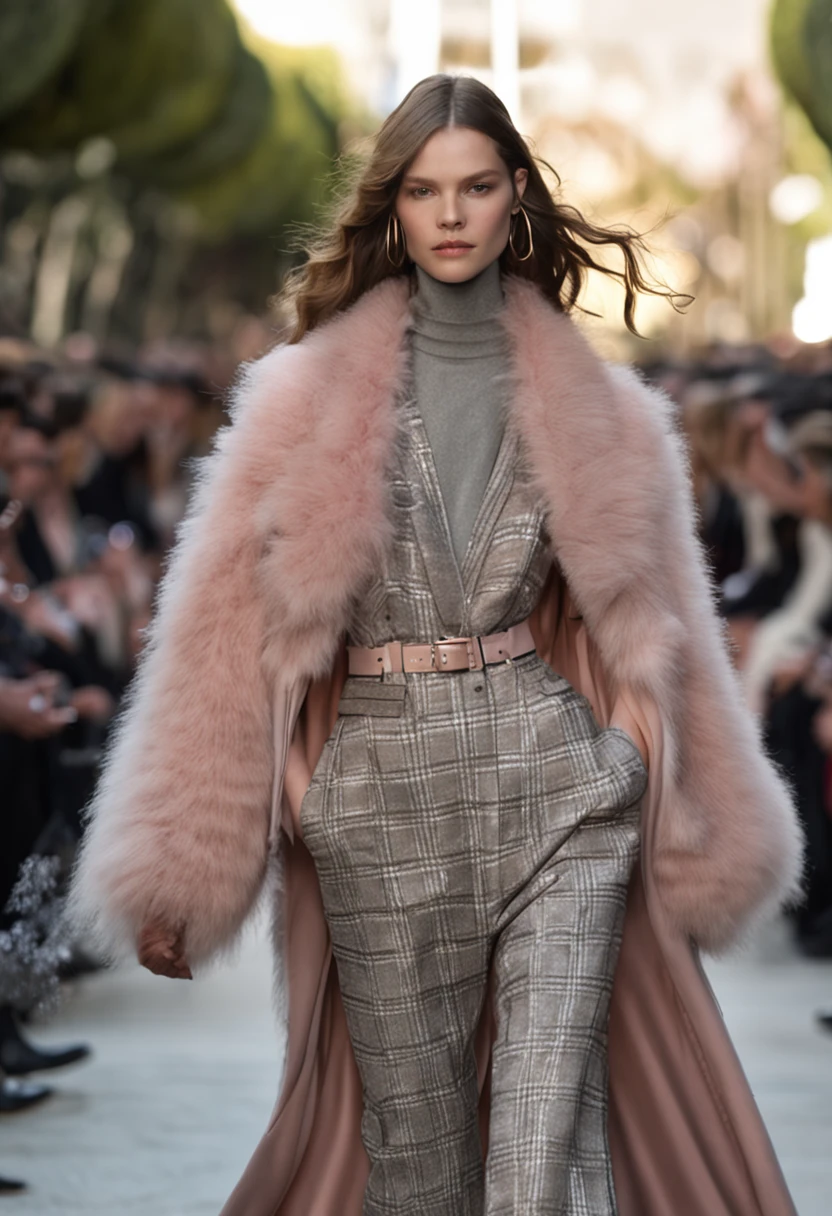 Autumn and winter catwalks,Classic herringbone coat,Loose coat,Shirt with turtleneck,Chiffon ruffled pink sequin maxi dress,flowing shimmering fabrics,Gray top with wide-leg trousers,Subtle beige tones,Inspired by Ralph Lauren