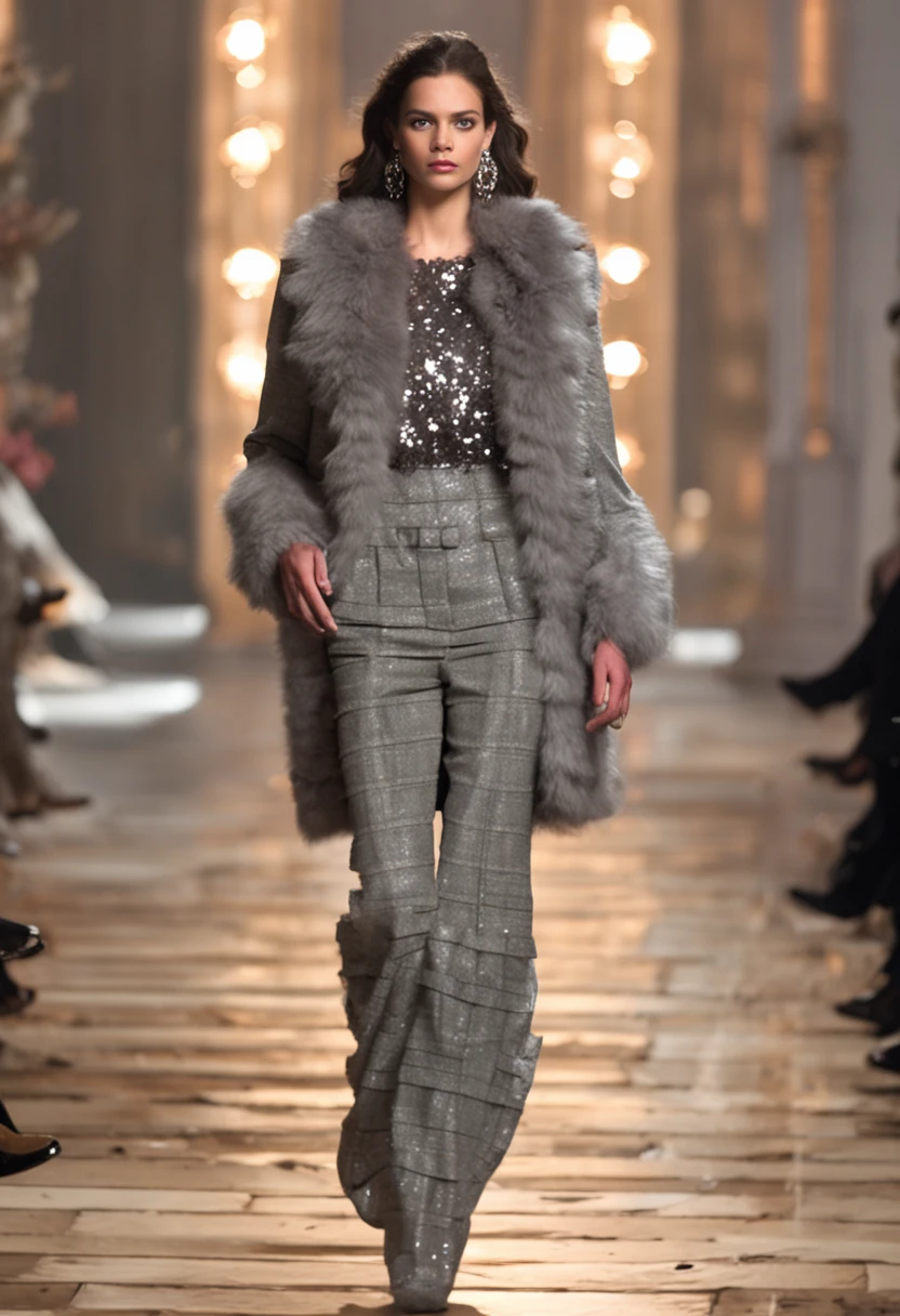 Autumn and winter catwalks，Vintage fur vest，Gray checked suit，Chiffon ruffled pink sequin maxi dress，flowing shimmering fabrics，Gray top with wide-leg trousers，Subtle beige tones，Inspired by Ralph Lauren