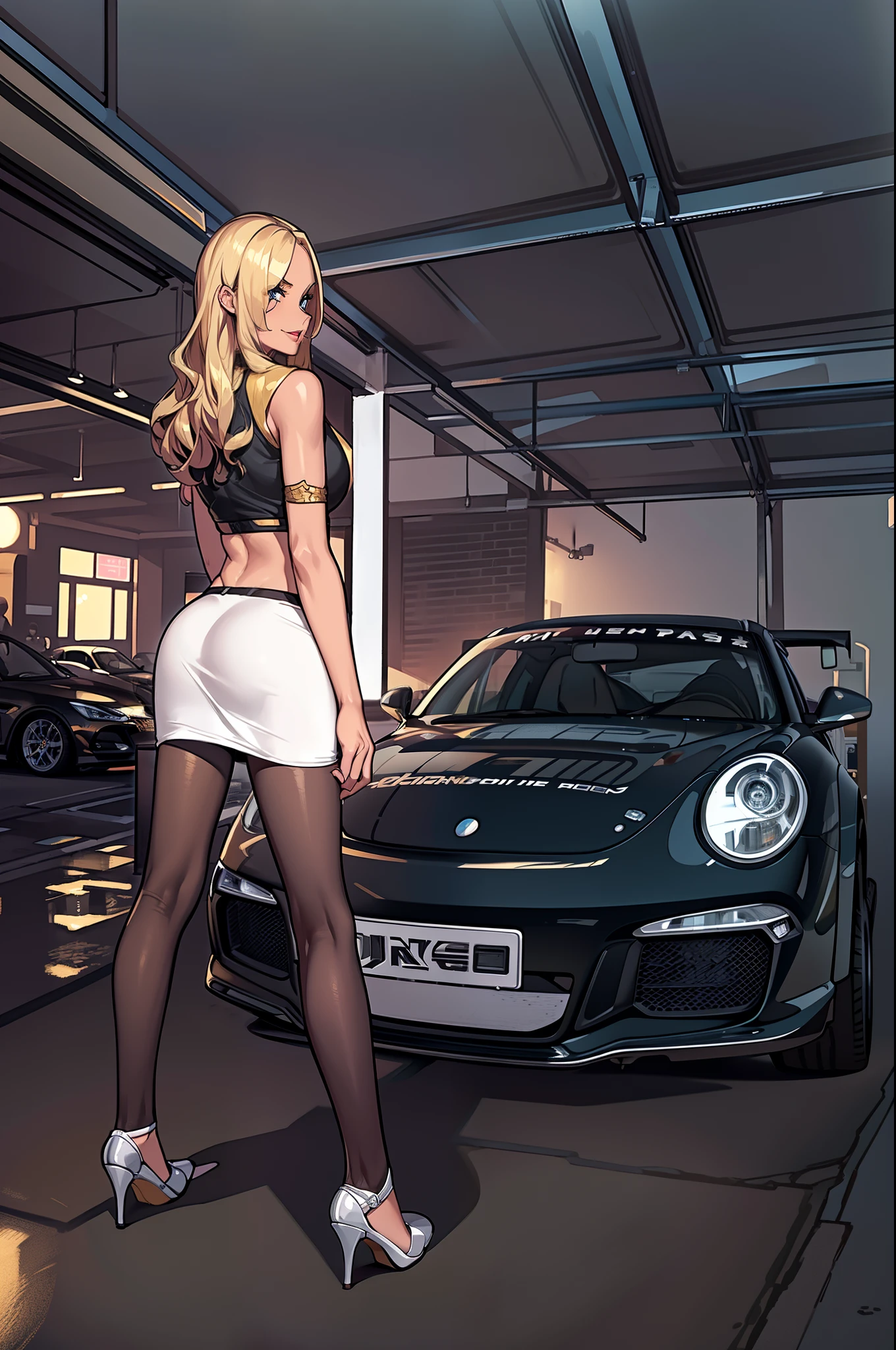 (masterpiece, highlydetailed, ultra-detailed), mature female, milf, blonde hair, wavy hair with big curls, long hair, ample bosom, blindfolded, alluring, French woman, car, crop top, ground vehicle, high heels, lips, lipstick, long hair, midriff, motor vehicle, on vehicle, race queen, skirt, solo, standing, vehicle focus