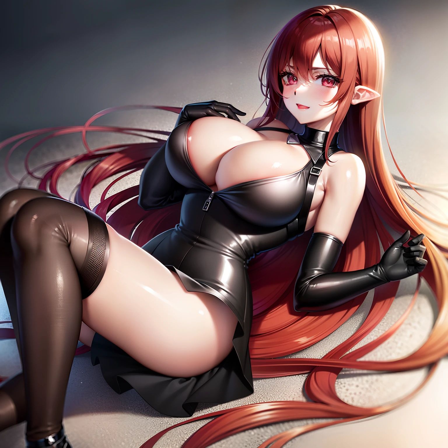 8K,tmasterpiece,bset quality,The large,(1个Giant Breast Girl),Tifa Lockhart,Red_Eyes,brunette color hair,long whitr hair,profesional lighting,(shiny skins:1.2),shiny big,((best qualtiy)),tack sharp focus:1.2,Highly Detailed Face and Skin Textur,Detailed eyes,s the perfect face,Perfect body,blur art,CG,Background with,20yr old,Mature cool beautiful face,dressed in((Slip black skirt),black elbow gloves, white taut shirt,upper legs,Gilet blanc),Blushlush,Lively posture,(mittgal),Floating hair,Close-up above the chest,ssmile,cleavage