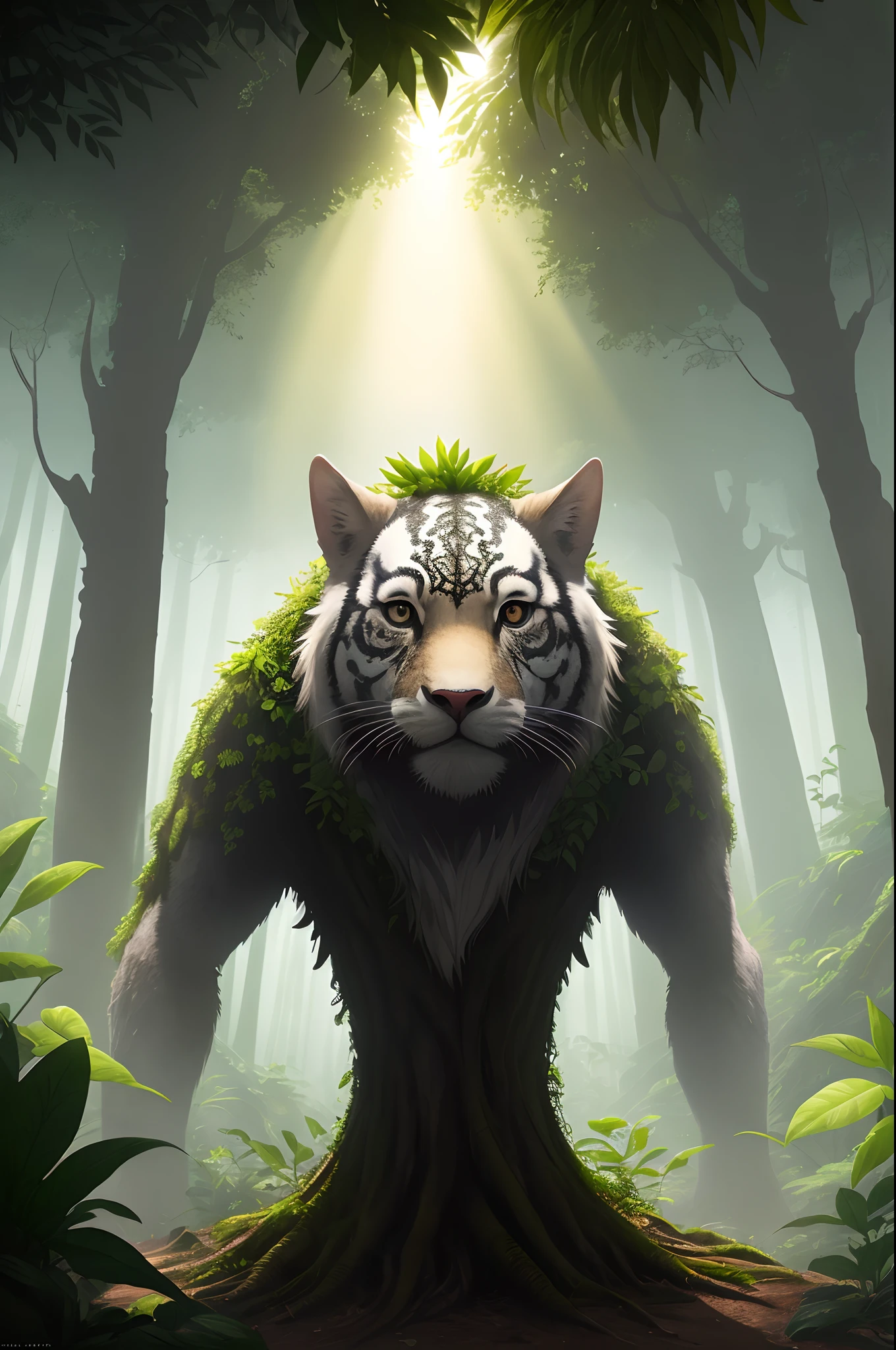 Digital illustration, Detailed and intricate, The dense jungle is full of exotic plants and animals, Sunlight shines through the canopy，Produces a mottled effect. In the style of Yoshitaka Amano and Hayao Miyazaki, Masterpiece, Proportional, Detailed, trending on artstationh, Beautiful lighting, Realistic, Intricate, Award-Awarded, 4K, Highest quality