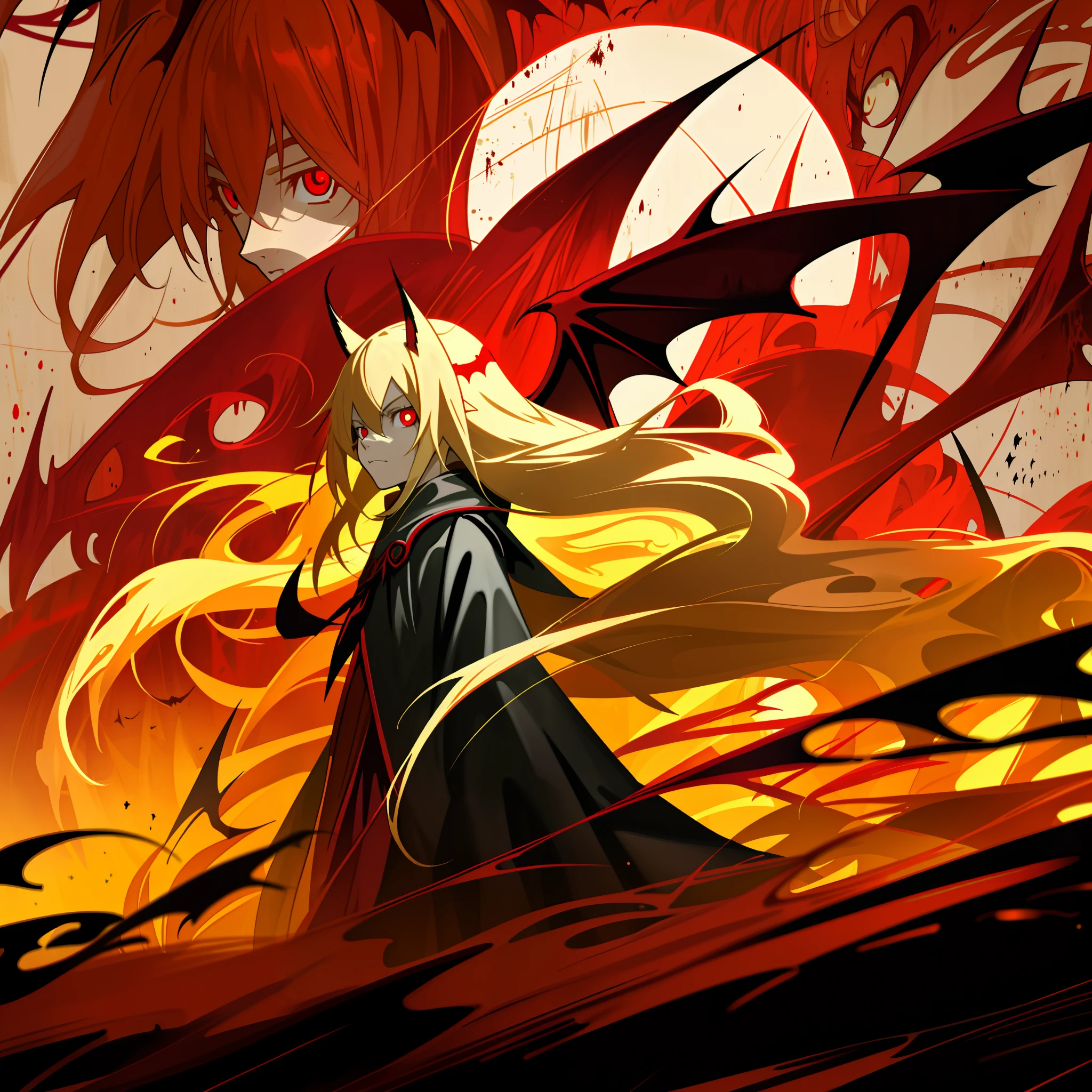 Light yellow hair,Long-haired girl,Loose hair,Big high school girl,red color eyes,Tattered cloak,Vampire element,With bat wings,bat ears,Time is night,Background lightning,4K,Dingdall effect,Poster style,Light intensification