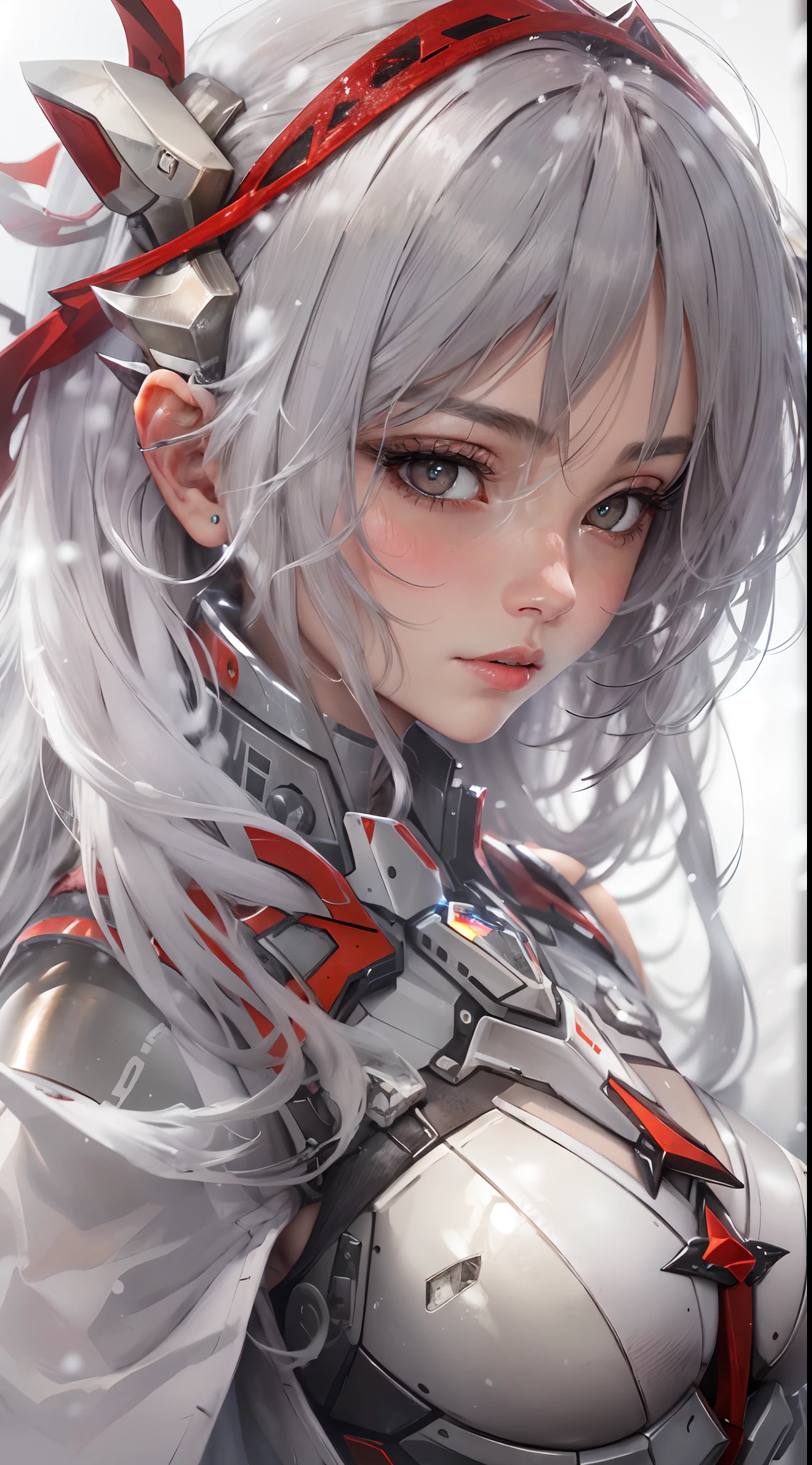 (Masterpiece, Best Quality, High Quality, absurdres, highres:1.2), Portrait, From Below, Bokeh, Dramatic Lighting, Female, Older, Small Breasts, Expressionless, Long Hair, Silver Hair, Sidelocks, Hair between Eyes, Grey Eyes, Eyeliner, (grey eyes:1.5), (red capelet:1.1), Armor, Capelet, Tiara, (Silk, Metal, Mecha Musume), Snow, white castle, Red, Black, Silver,