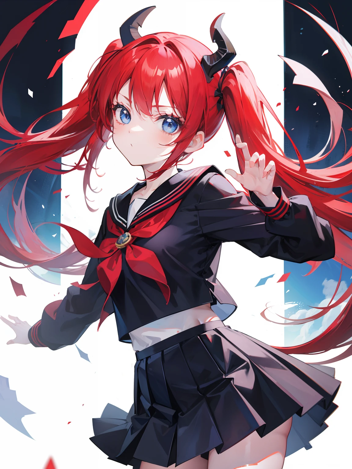 red hair, blue eyes, twintails, Sailor suit,black coat, Pleated skirt,solo,loli,cute,bow,Dragon horns