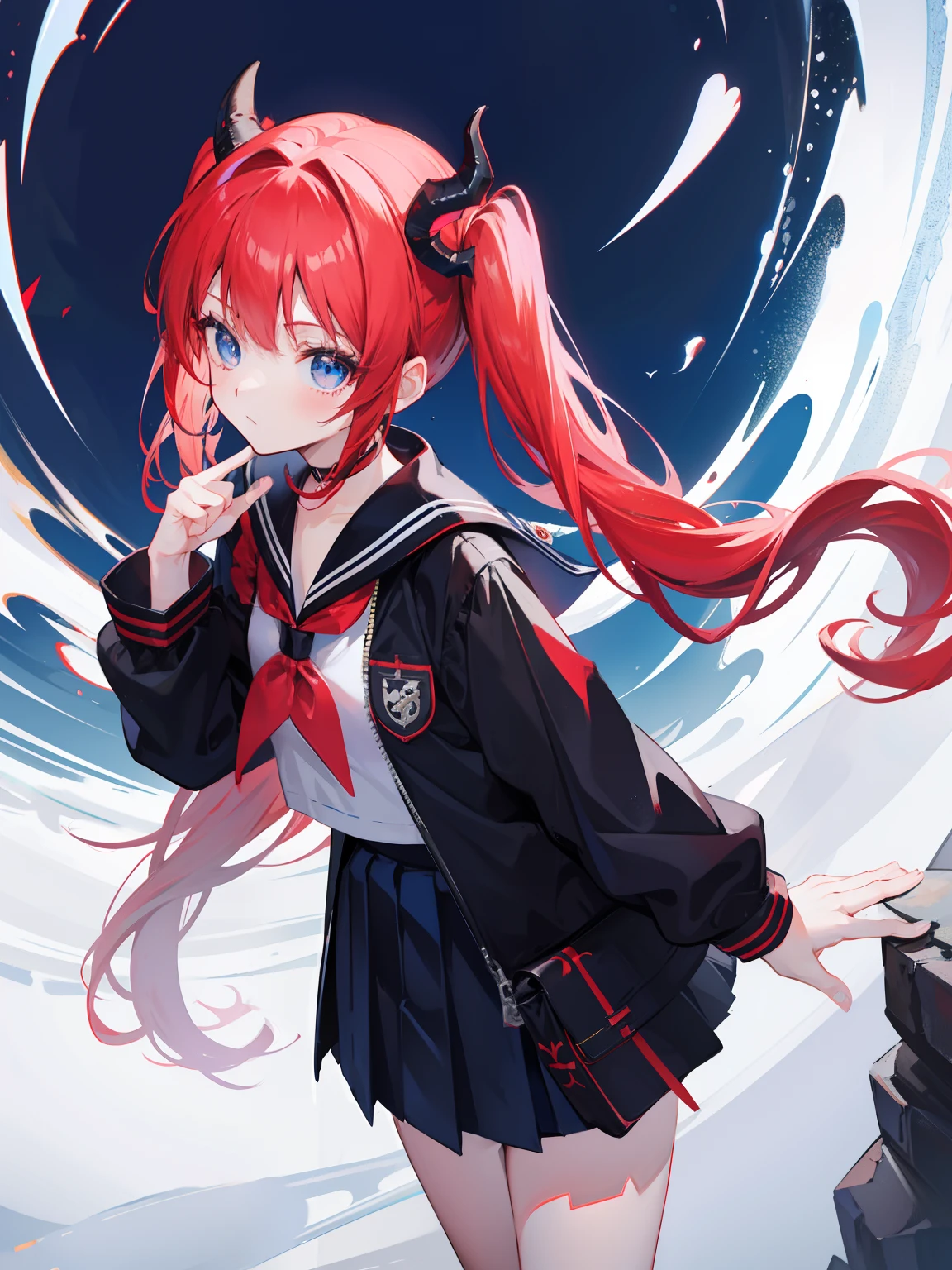 red hair, blue eyes, twintails, Sailor suit,black coat, Pleated skirt,solo,li,cute,bow,Dragon horns