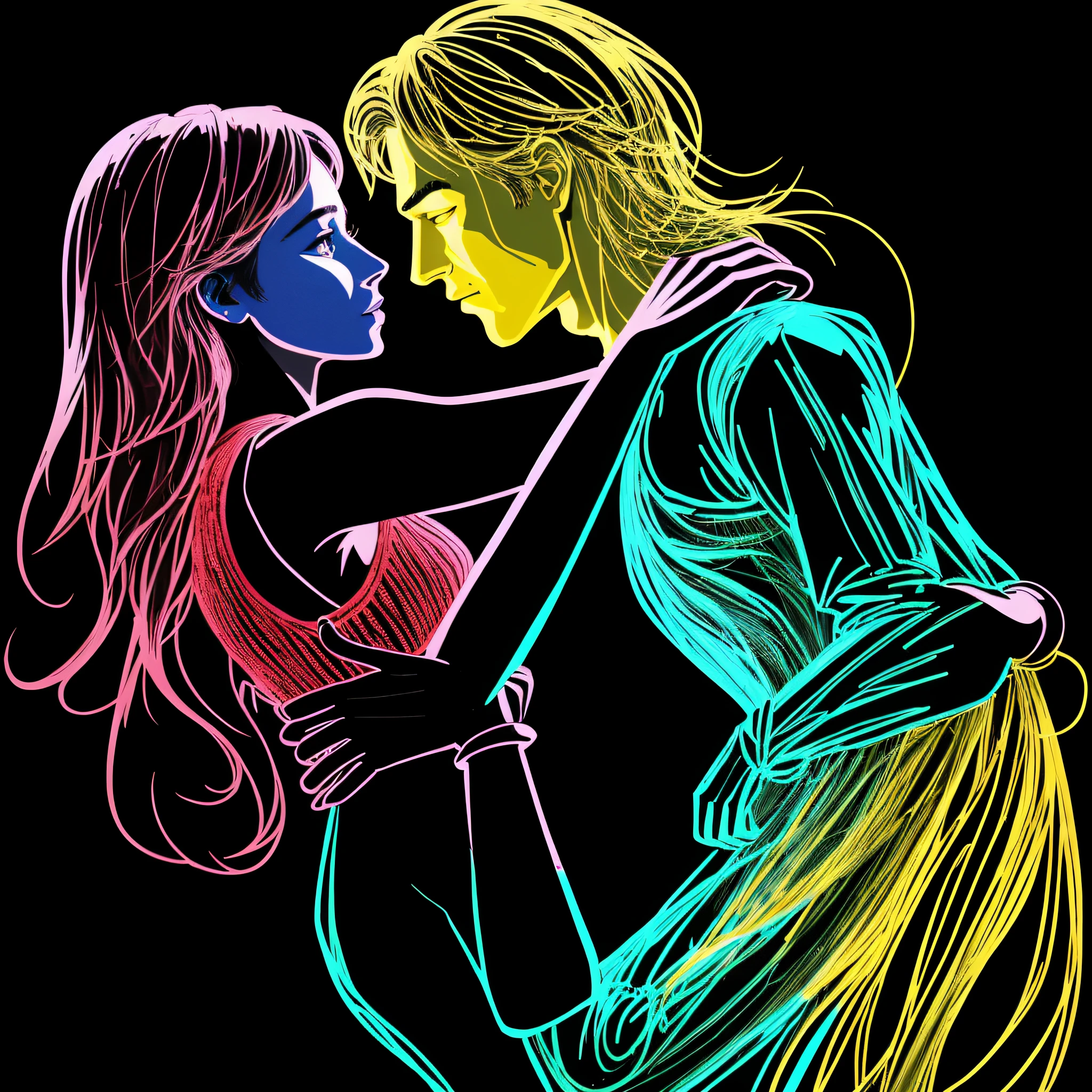 a black background, draw a man holding a woman lovely using a colorful algorithm, red yellow blue,plastic art,glowing,shine,gloss,highly detailed, 32k.