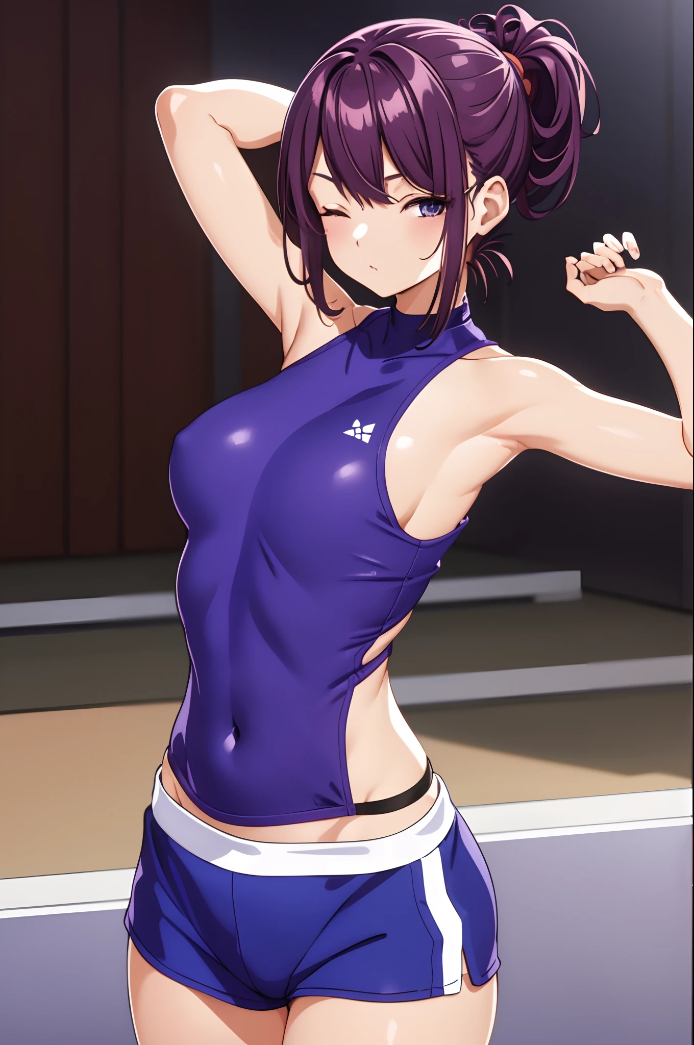 kanzaki rin, gym clothes, (sleeveless), (detached sleeves), Navel (presenting armpit), arms behind head, hands behind head, arms raised, hands in pockets, standing, (simple background), one eye closed, (tying hair), open mounth