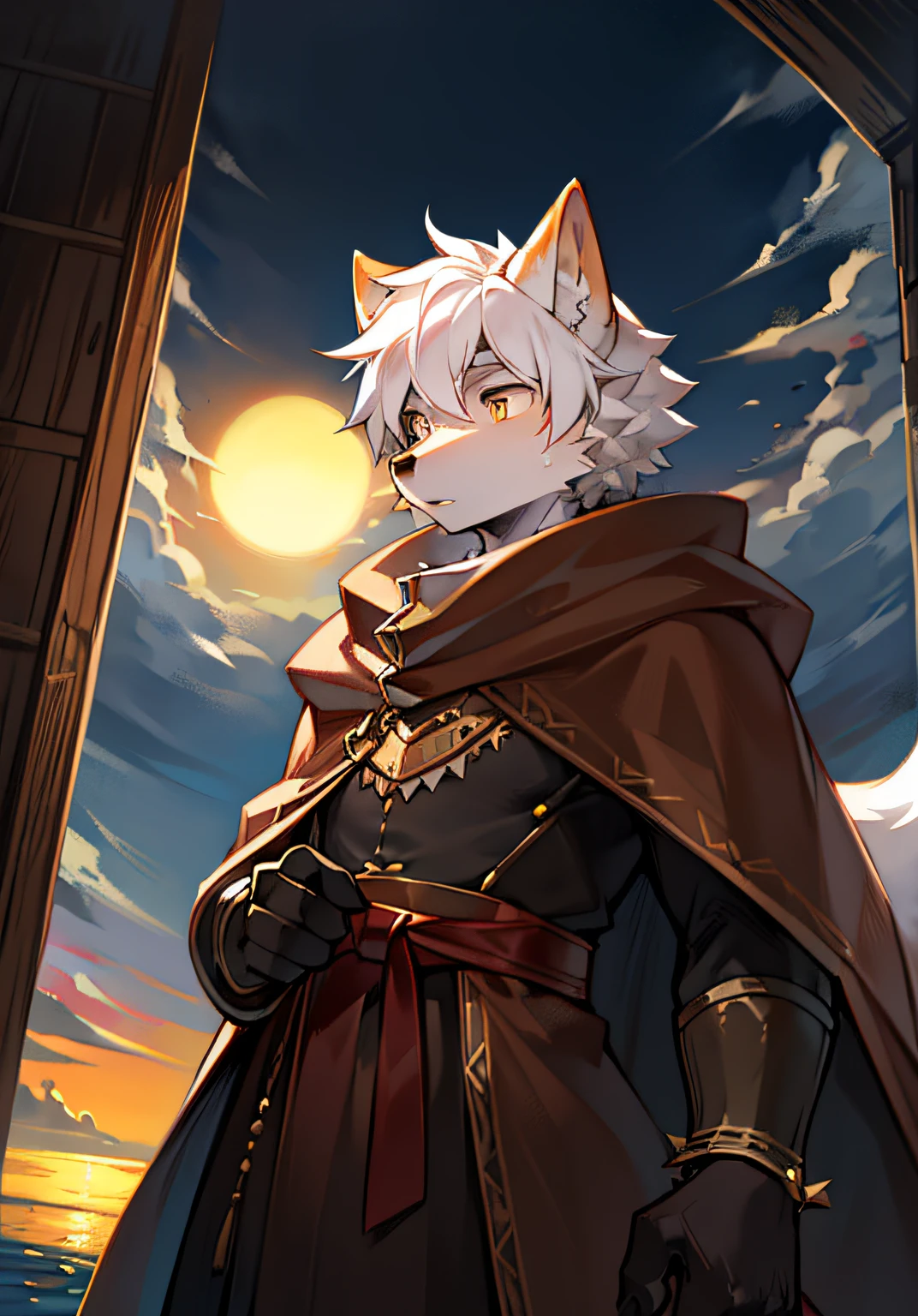 (Dark environment 0.8),(Wide angle lens 1.5),tmasterpiece,high qulity,multi-detail,number art,The blazing sun covers the sea,Dusk,furry wolf,Facing the sea,Bow to the sun,Face away from the camera,Look at the sun,Solo,Furry male,Fluffy tail,Fluffy ears,White hair,Brown fur,Brown cloak,fine art,Fascinating,8K