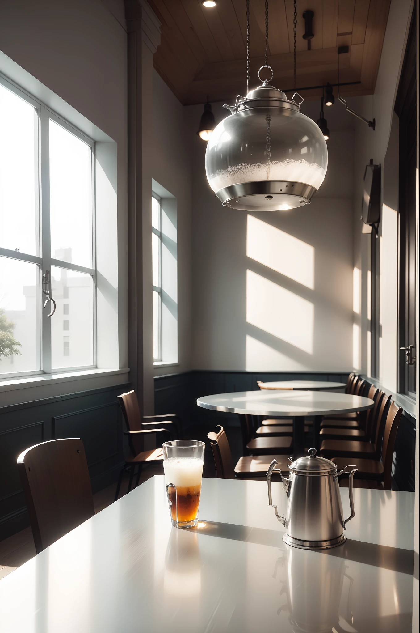 Table top in the café,greys,white colors,metals,Glass cup,Metal kettle
