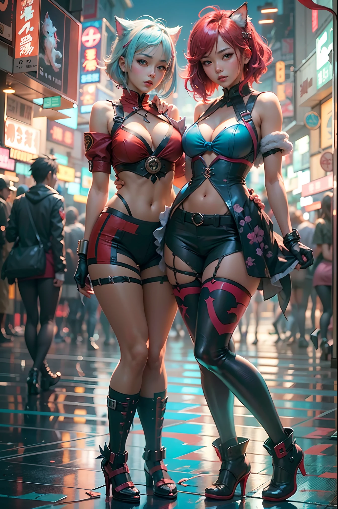 anime - style image of two women with pink and blue hair smal booty dressed in red and blue corset,  pose in Akihabara at night for a foto shooting, wlop and sakimichan, attractive cat girl, artwork in the style of guweiz, fantasy art style, 2. 5 d cgi anime fantasy artwork, fanart best artstation, by Yang J, trending on cgstation, wlop and ross tran, guweiz