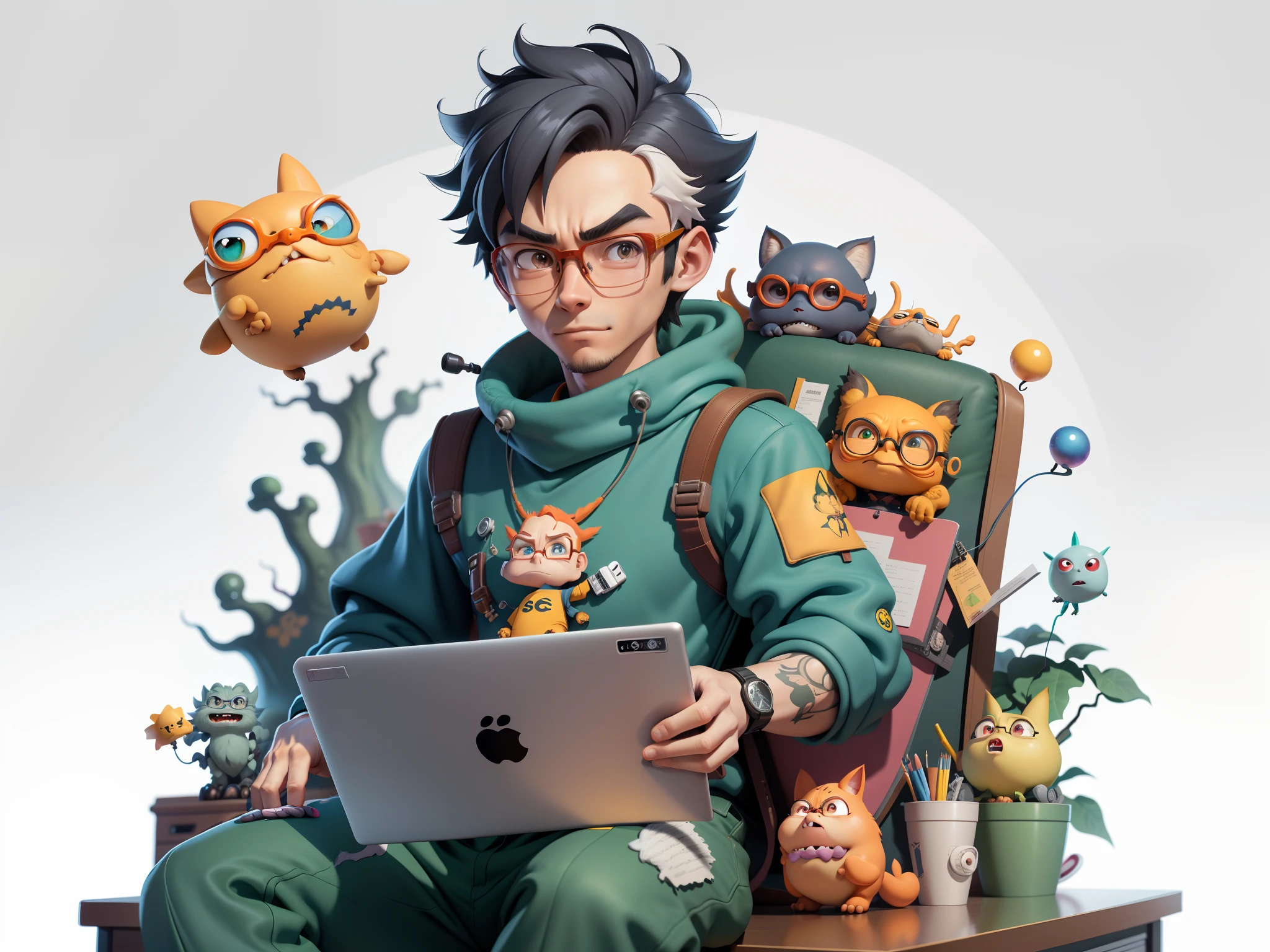 A young man with glasses sits at his desk，holding laptop，digitial painting，3D character design by Mark Clairen and Pixar and Hayao Miyazaki and Akira Toriyama，4K HD illustration，Very detailed facial features and cartoon-style visuals。