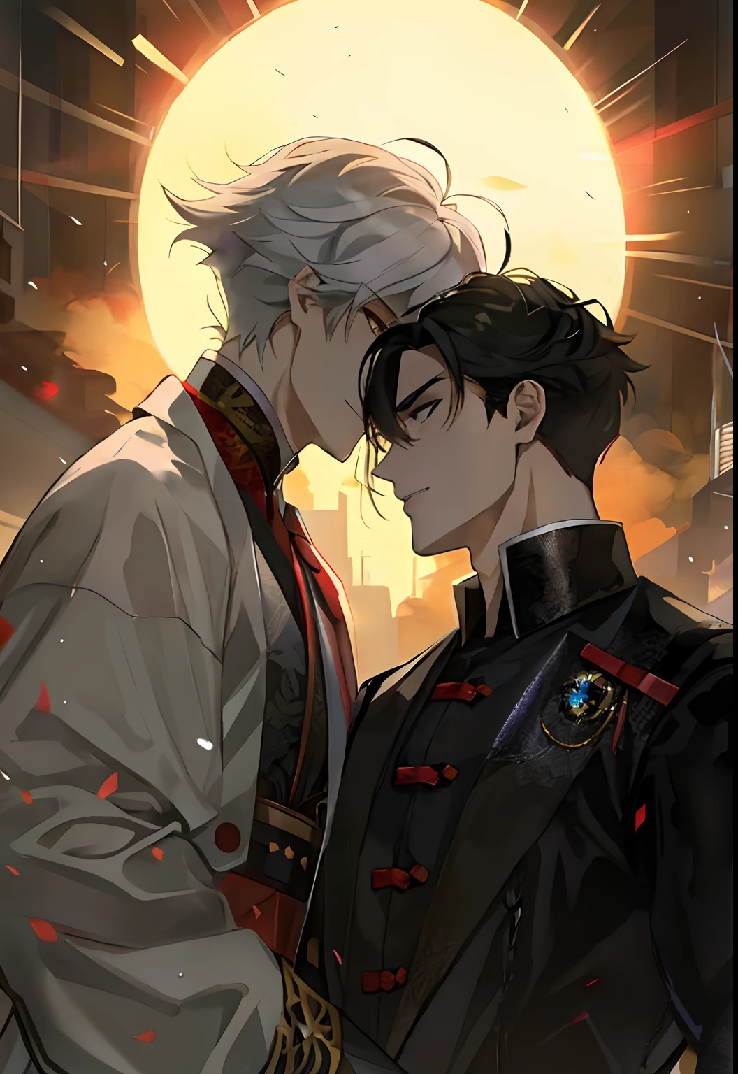 Anime couples，In the background is a gorgeous city under the night,two anime handsome men, by Yang J, handsome guy in demon killer art, Guviz-style artwork, White-haired eyebrows are gentle，Brunette mature and flamboyant