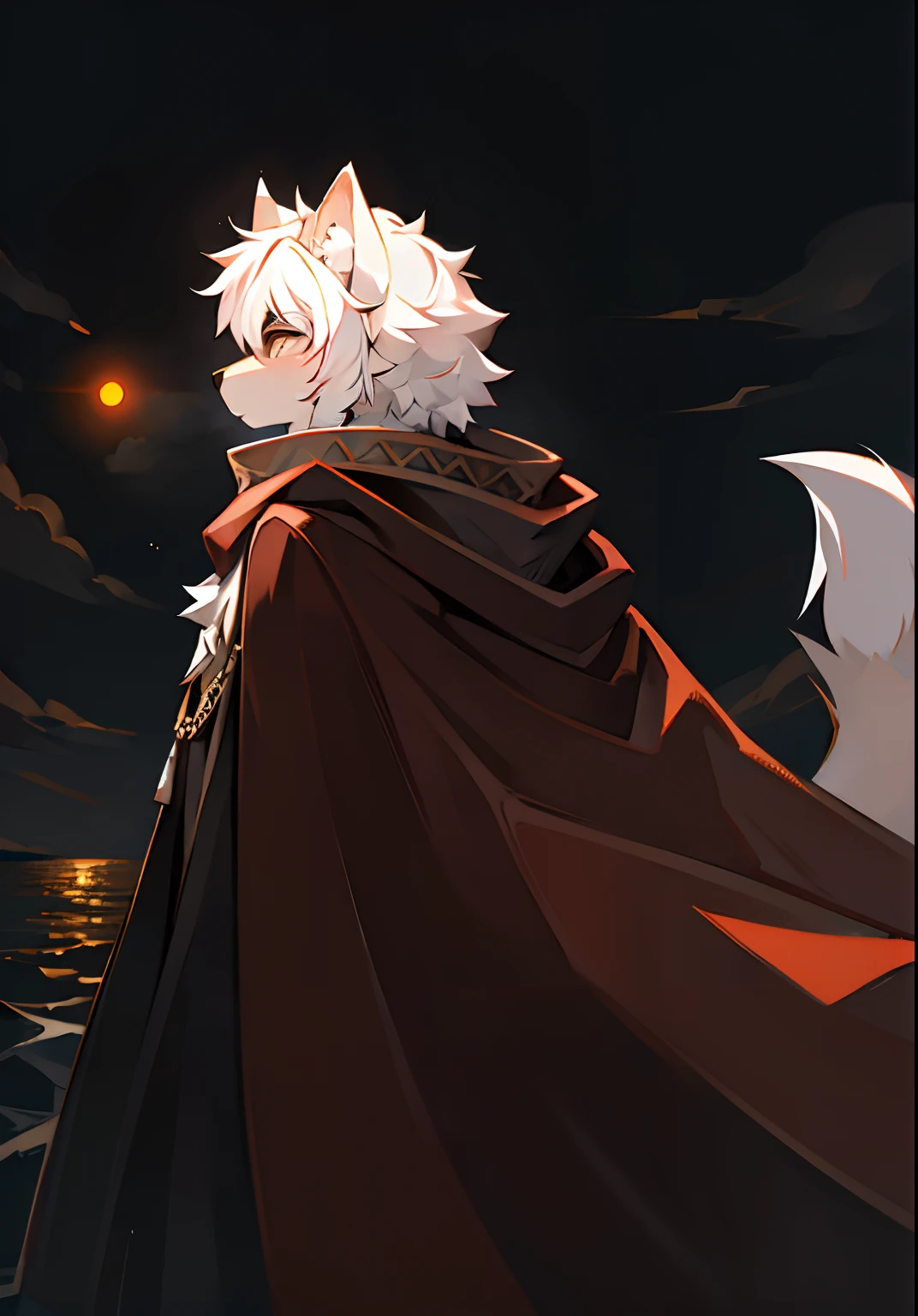 (Dark environment 0.8),tmasterpiece,high qulity,multi-detail,number art,The blazing sun covers the sea,Dusk,furry wolf,Facing the sea,Bow to the sun,Face away from the camera,Look at the sun,Solo,Furry male,Fluffy tail,Fluffy ears,White hair,Brown fur,Brown cloak,Wide angle lens,fine art,Fascinating，8K