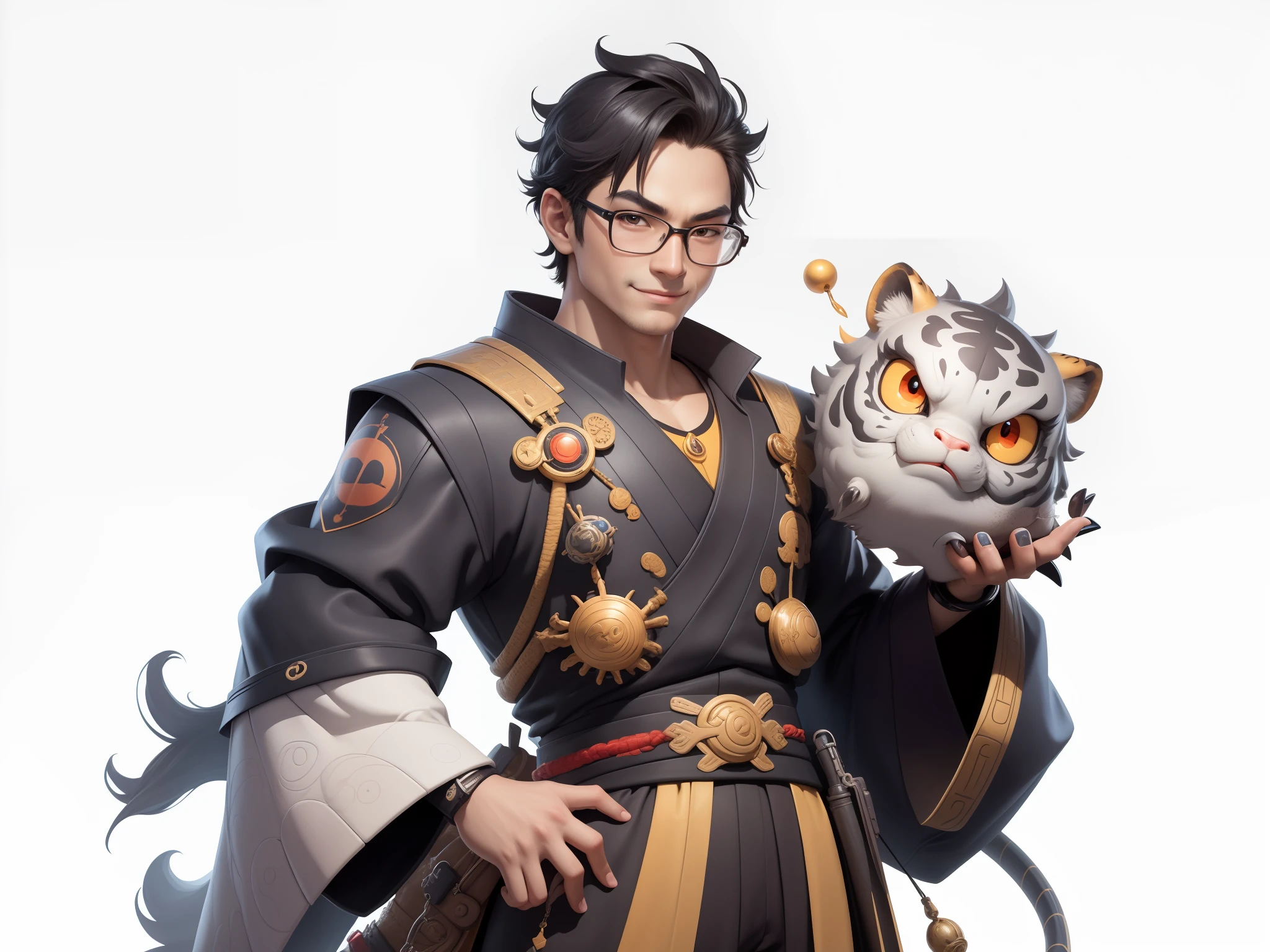 (Masterpiece), (Excellent), (Super Meticulous), (Full Body: 1.2), Super Young Man with Japanese Female Geisha, Pretty, Beautiful, Chinese Dragon, Tiger, Wind God Thor, ????, Bursting, Oriental Face, TV Anchor, Bust Portrait Illustration, Black Suit, Blue Tie, Slightly Chubby Face, Silver Glasses, Very Clean Face, No Beard on Chin, Black Super Short Hair, Black Eyes, Confident Smile, 3c Computer Sub-Products, iPad, iPhone, Digital Painting, 3D character design by Mark Clairedon and Pixar and Hayao Miyazaki and Akira Toriyama, the illustrations are HD illustrations in 4K resolution with highly detailed facial features and cartoon-style visuals.