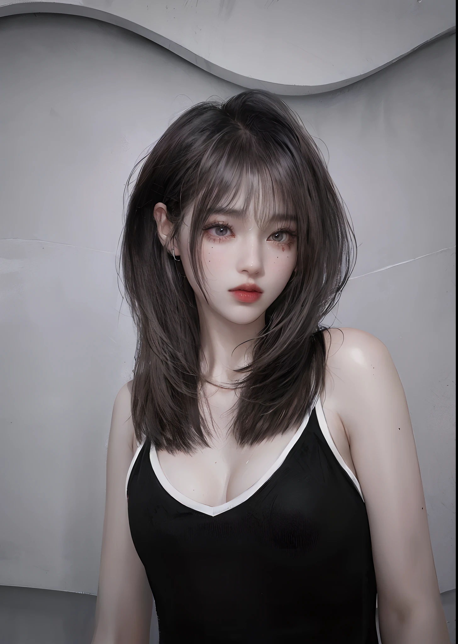 Realistic, high resolution, 1 girl, white wavy hair, Korean, heterochrome eyes, small moles under the eyes, loose white shirt, yoga pants, big breasts, long legs, tight abs, camel toes, sexually bit her lip