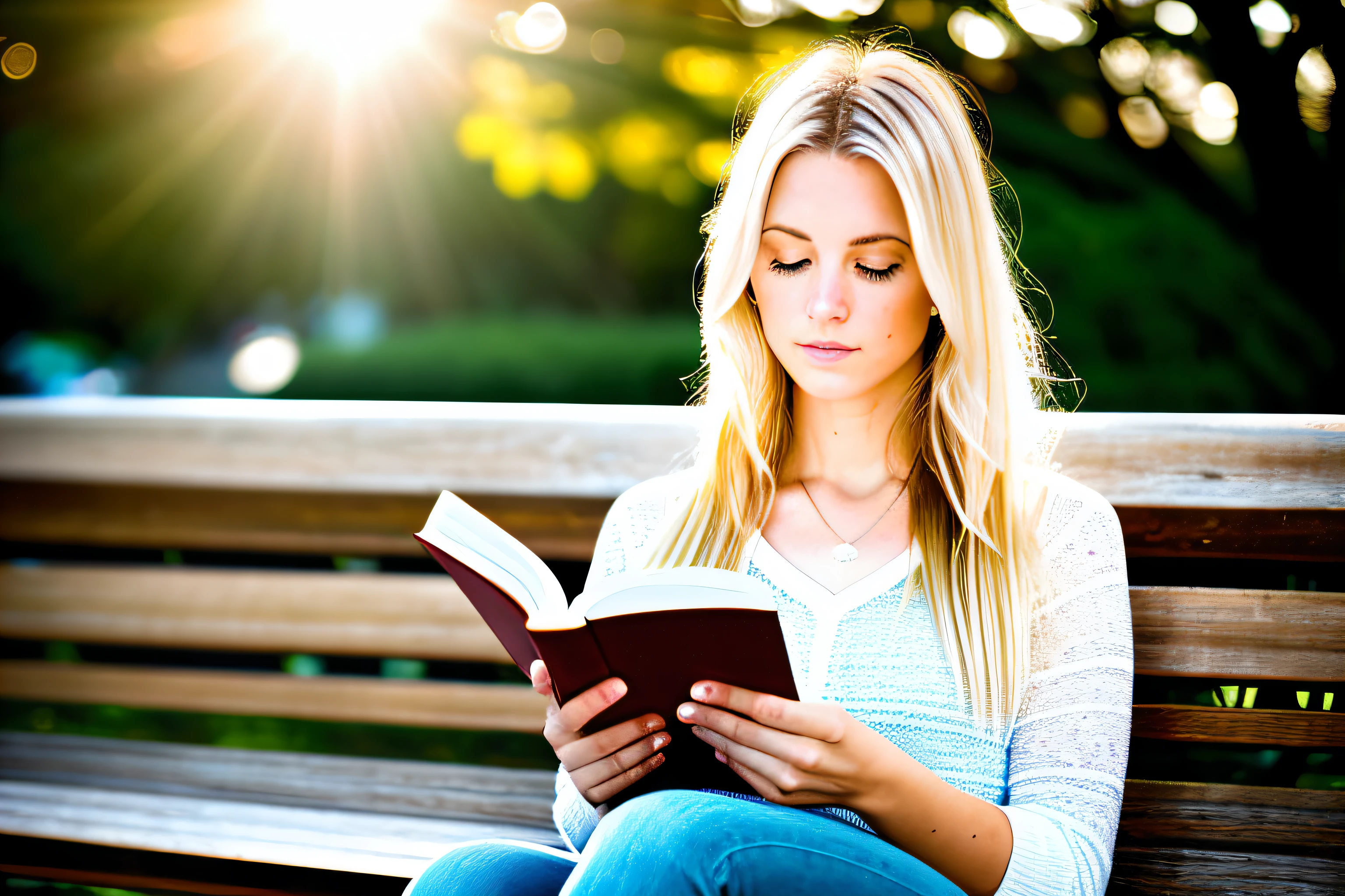 Bokeh, raw, ((streaked sunlight over face)), close portrait, (extreme skin details), skinny (30yo blonde caucasian woman), ultra realistic, rule of thirds, dramatic overhead lighting, detailed face, cute, shallow depth of field, intricate details, god rays, light leaks. she is reading a book on a bench in a park