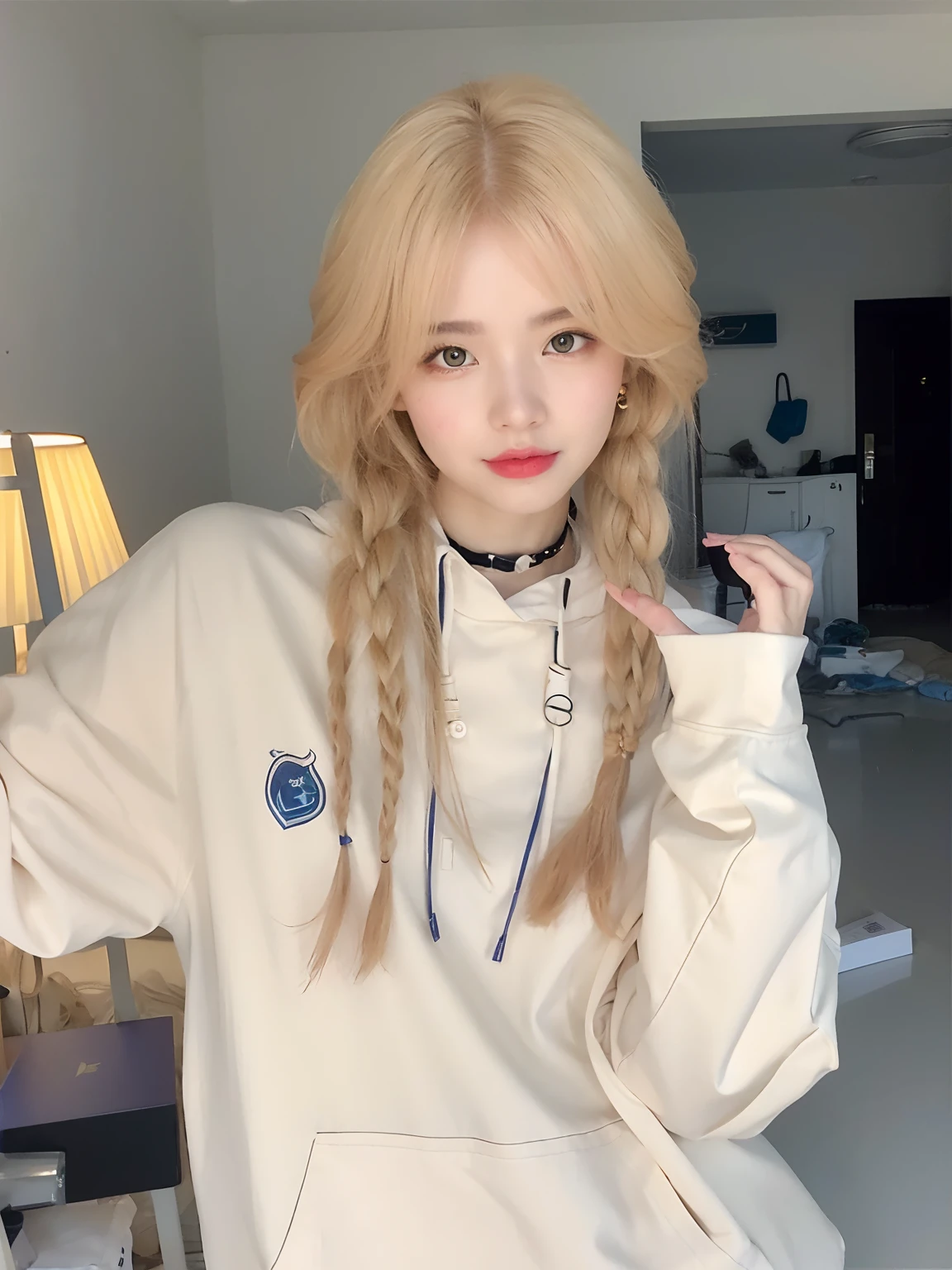 (best quality, ultra-detailed, masterpiece),street corner,A young woman, (blonde hair，short clothes), Walk lightly and type on your phone, (casual fashion, dynamic angle), Colorful apron, (lively personality:0.7), Light steps, Business(logo:0.5)，(low-key modern:0.8)