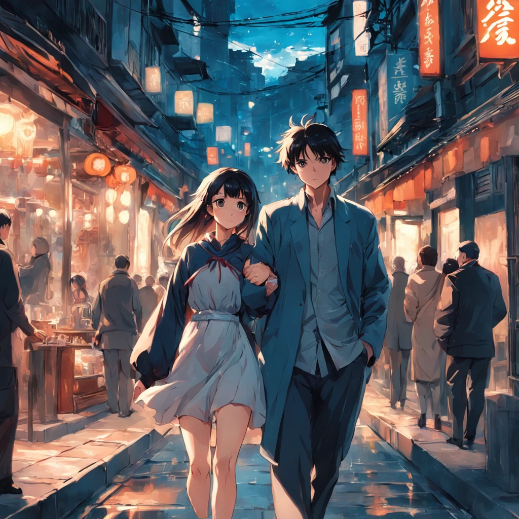 Man and a beautiful woman strolling hand in hand on the bustling street,Hair fluttering,The expression is sweet,The surroundings are full of warmth and well-being。