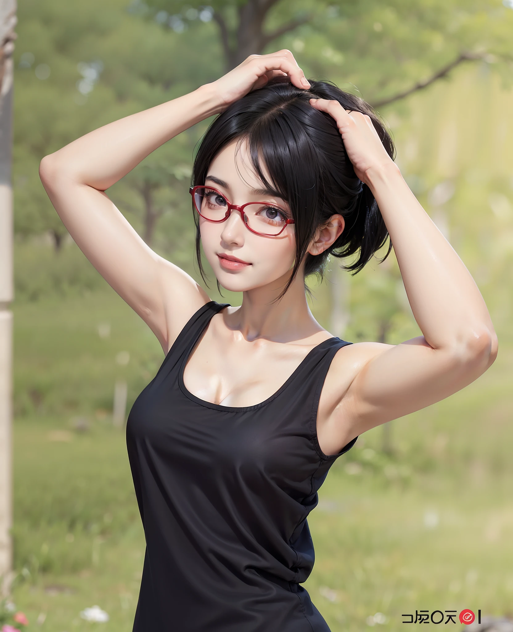 anime girl with glasses and a black top holding her hair up, (((Big Breast:1.2))), ((nipples)), hints of yayoi kasuma, tina belcher, yayoi kasuma, tina belcher as a real person, hinata hyuga, junko enoshima, natural tpose, anime moe artstyle, thinking pose, in an anime style, various pose, attractive anime girl
