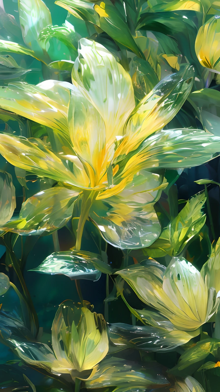 A leaf，golden colored，green color，vein，Glass texture、Light，Spectral light， Gradient translucent glass melt, Caustics, cleanness