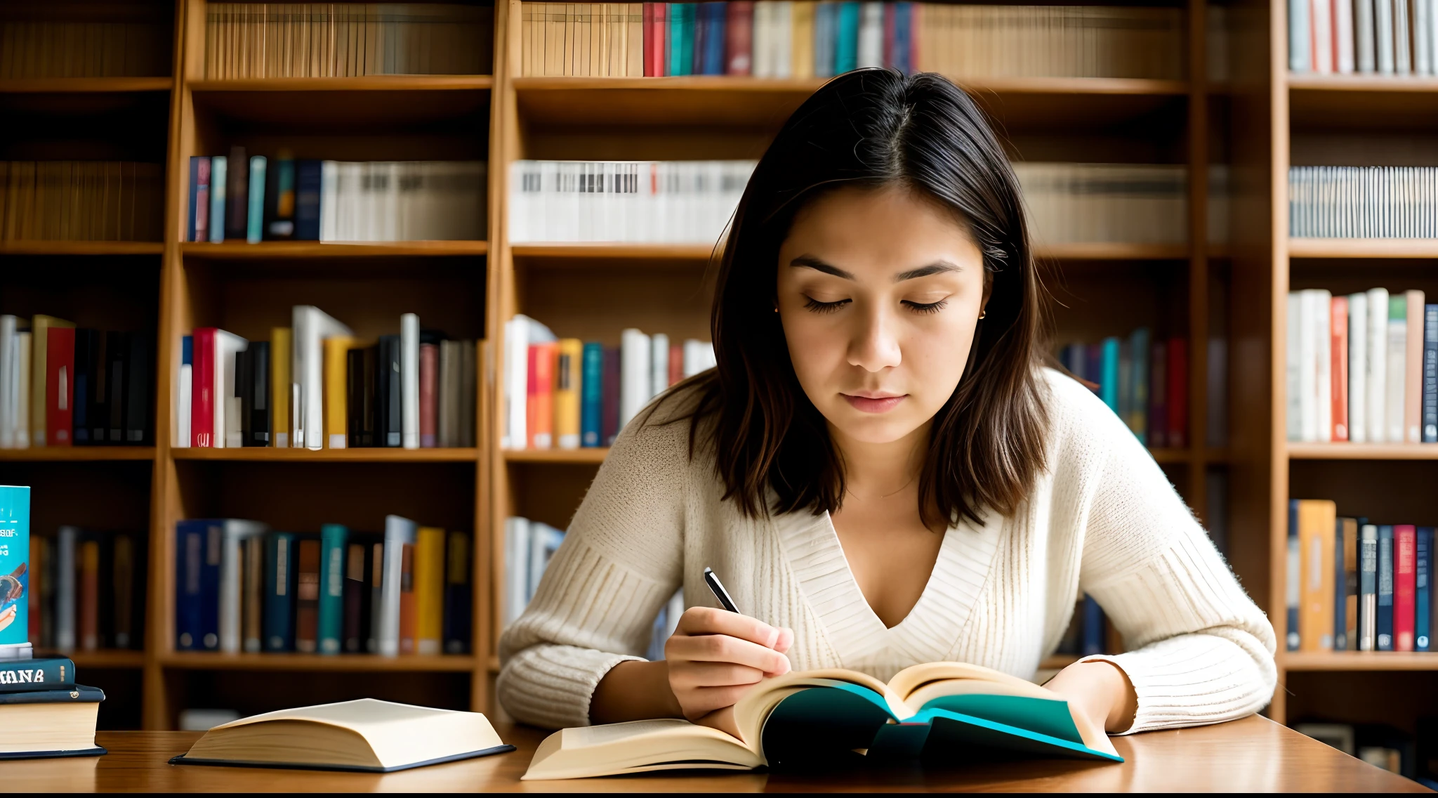 instagram photo, closeup face photo, A thought-provoking capture of a woman reading in a quiet library corner, her connection to the written word an intimate experience, Sony A9 II with 35mm f/1.8 lens, soft ambient light, reflective photography