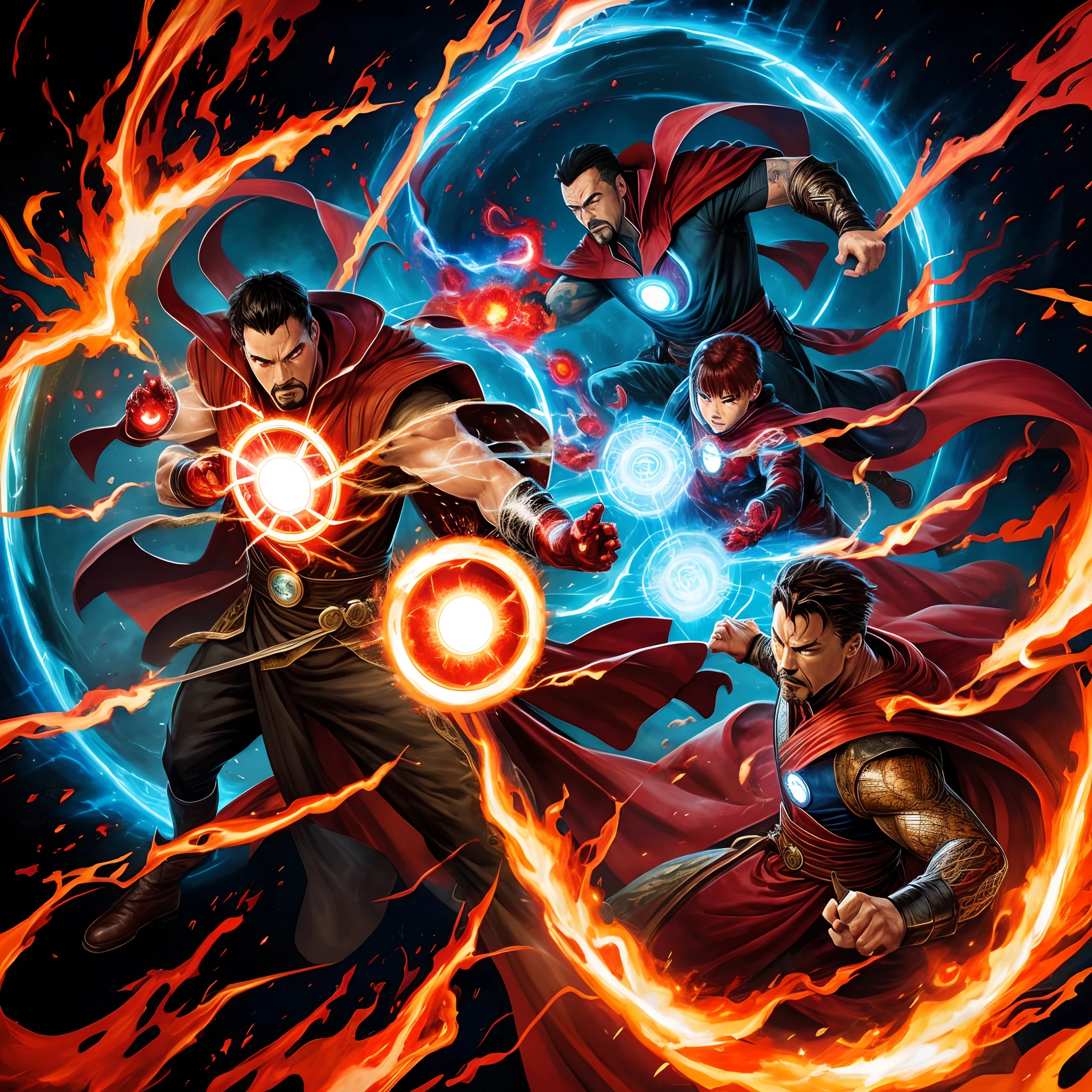 a cool fighting of Dr. Strange and ironman, red flaming eye, surrounded by a swirling vortex of magical energy , flat illustration , ink paint, splash, a smock dragon in background, wallpaper