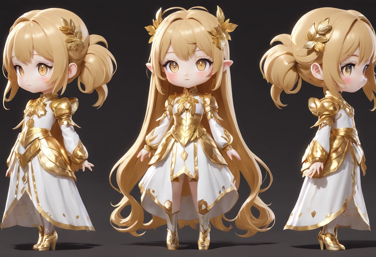 Super cute girl full body 3d artwork, Front view, Side view, Back view, doll, concept-art, t pose, reference sheet, Popmart blind box,Gold Leaf Girl,long whitr hair,GLOSSY TEXTURE,full bodyesbian,elegant,black gold,gold foil,Intricate hair accessories,Noble,Mysterious watery eyes, Gold leaf decoration, luxury goods, intricately details, a 3D render, blender, OC renderer, Predecessor lookup table, , High details, 8K, Studio lighting