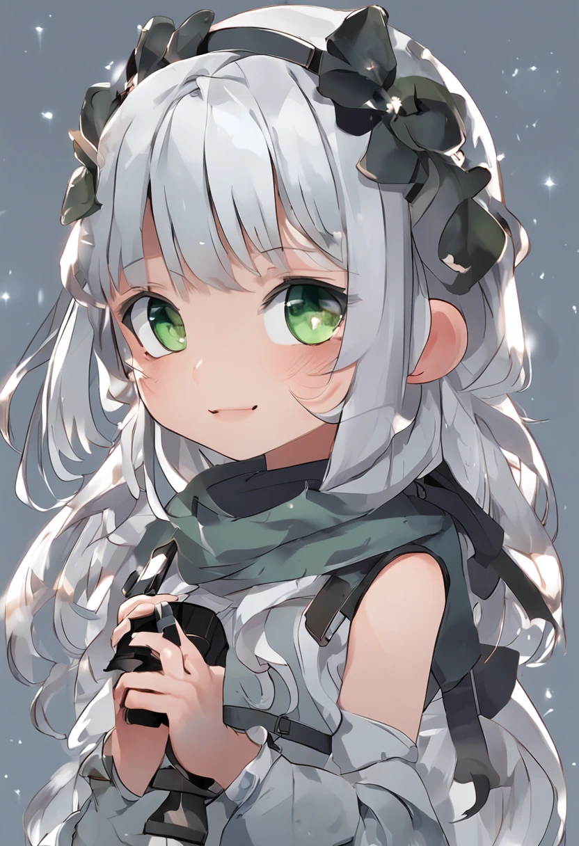 (独奏、Chibi、full body Esbian、Silvery medium hair、 Hide the right eye with hair、Silver short thick eyebrows)、 Green left eye、 blue right eye、 greybackground、 Sister、Sleeveless、 kawaii、A smile、