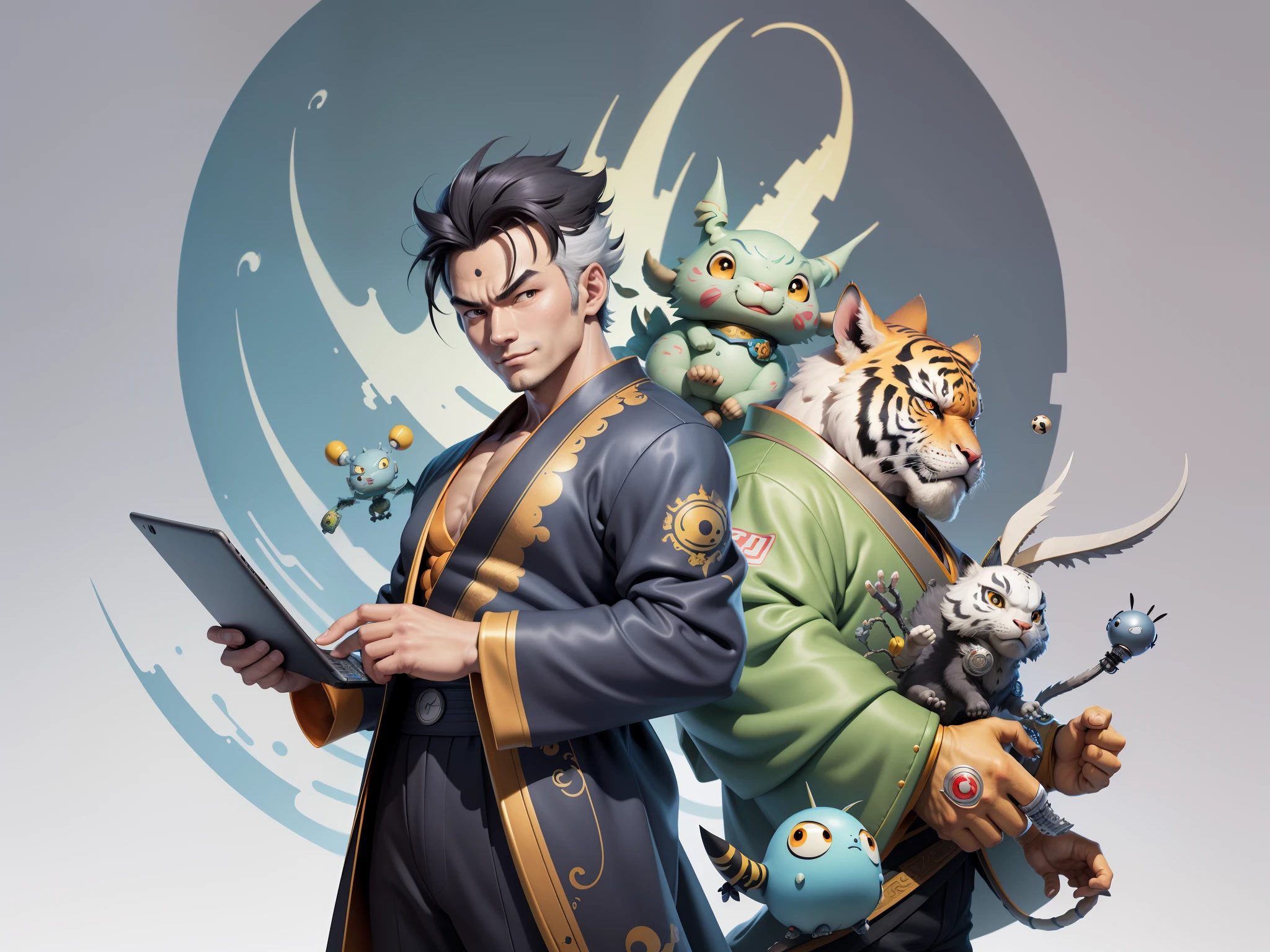 (Masterpiece), (Excellent), (Super Meticulous), (Full Body: 1.2), Super Young Man, Oriental Face, Japanese Kimono, Japanese Wind Thunder God, Dragon, Tiger, TV Anchor, Bust Portrait Illustration, Alone, Black Suit, Blue Tie, Slightly Chubby Face, Very Clean Face, No Beard, Black Super Short Hair, Black Eyes, Confident Smile, 3c Computer Sub-Products, iPad, iPhone, Digital Painting, 3D Character Design by Akira Toriyama and Mark Claireden and Pixar and Hayao Miyazaki, The illustration is a high-definition illustration in 4K resolution with very detailed facial features and cartoon-style visuals.