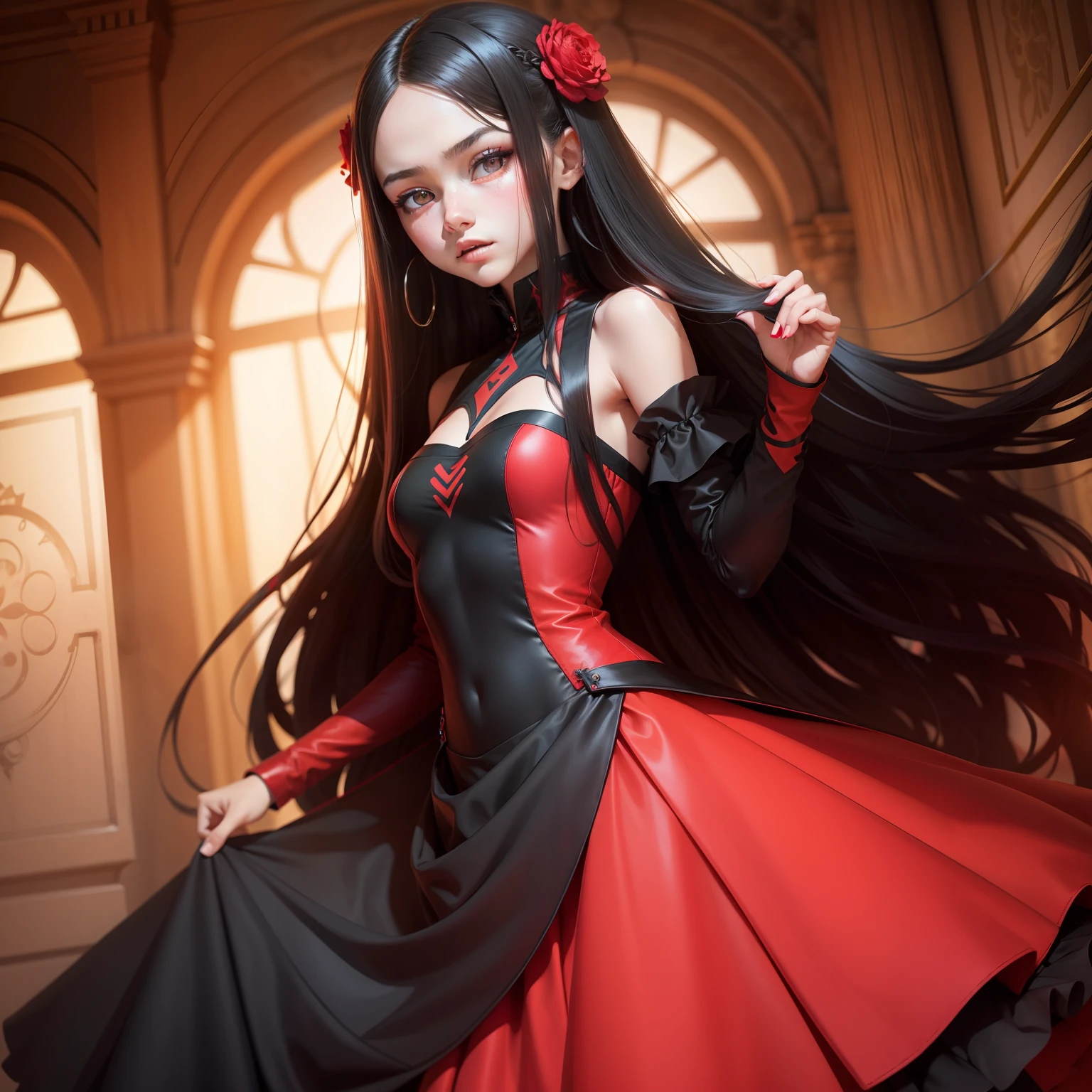 quadratic element,teens girl,red color eyes,Long hair,Black and red dress long dress,