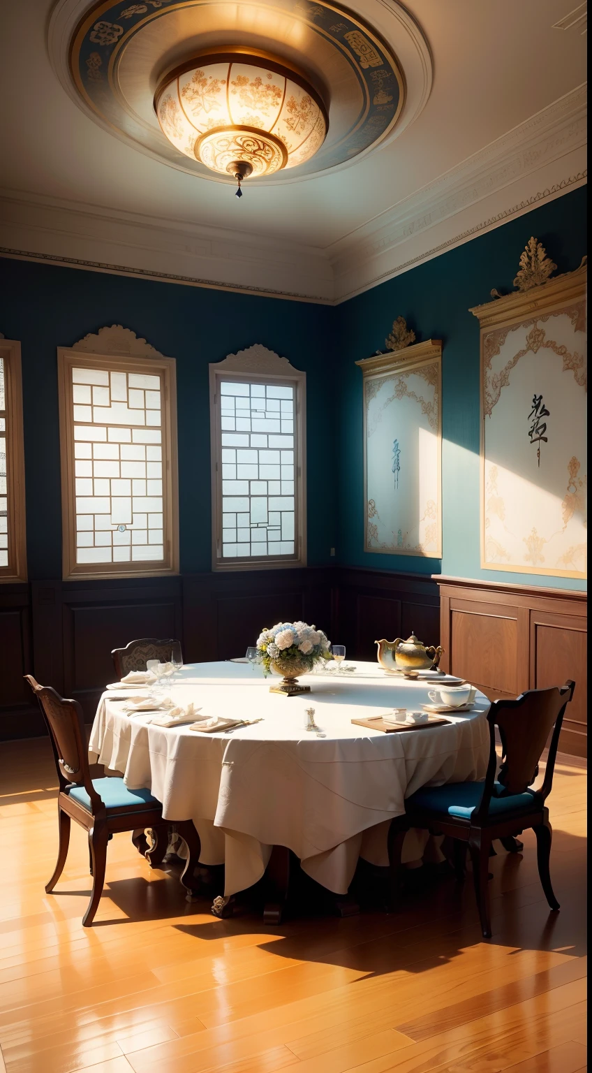 There is a room with a round table and a ceiling with a skylight, The room is bright blue throughout,Light enters from many sides,with ancient chinese aesthetic, Chinese style, asian interior decoration, chinoiserie wallpaper, beautiful aesthetic design, exquisitely ornate, chinoiserie pattern, elegant and ornate, oriental art nouveau, neo - classical style, elegant and extremely ornamental, ornate and elegant, ornate and flowing, wonderful masterpiece