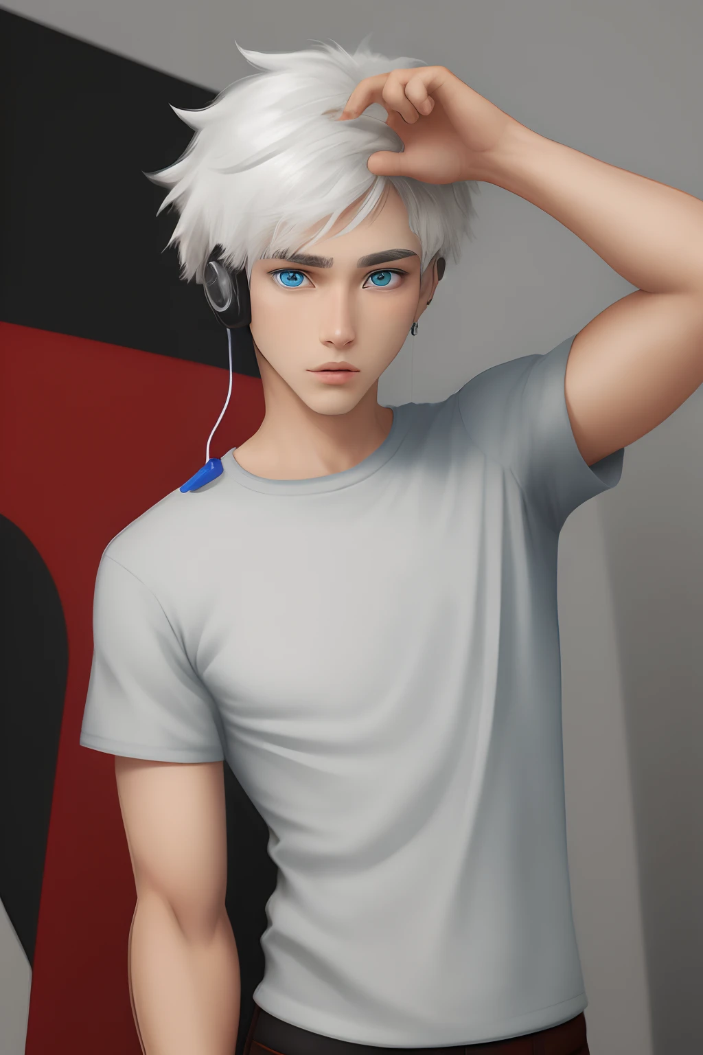 White hair，shoun，nipple tassels，The upper part of the body，The shirt，adolable，male people(without a beard)， old，Animation style，quadratic element，White，，Earphone，Character characteristics，Heteropupil(One eye is blue，One red)，illustration，tmasterpiece，Best Picture Quality