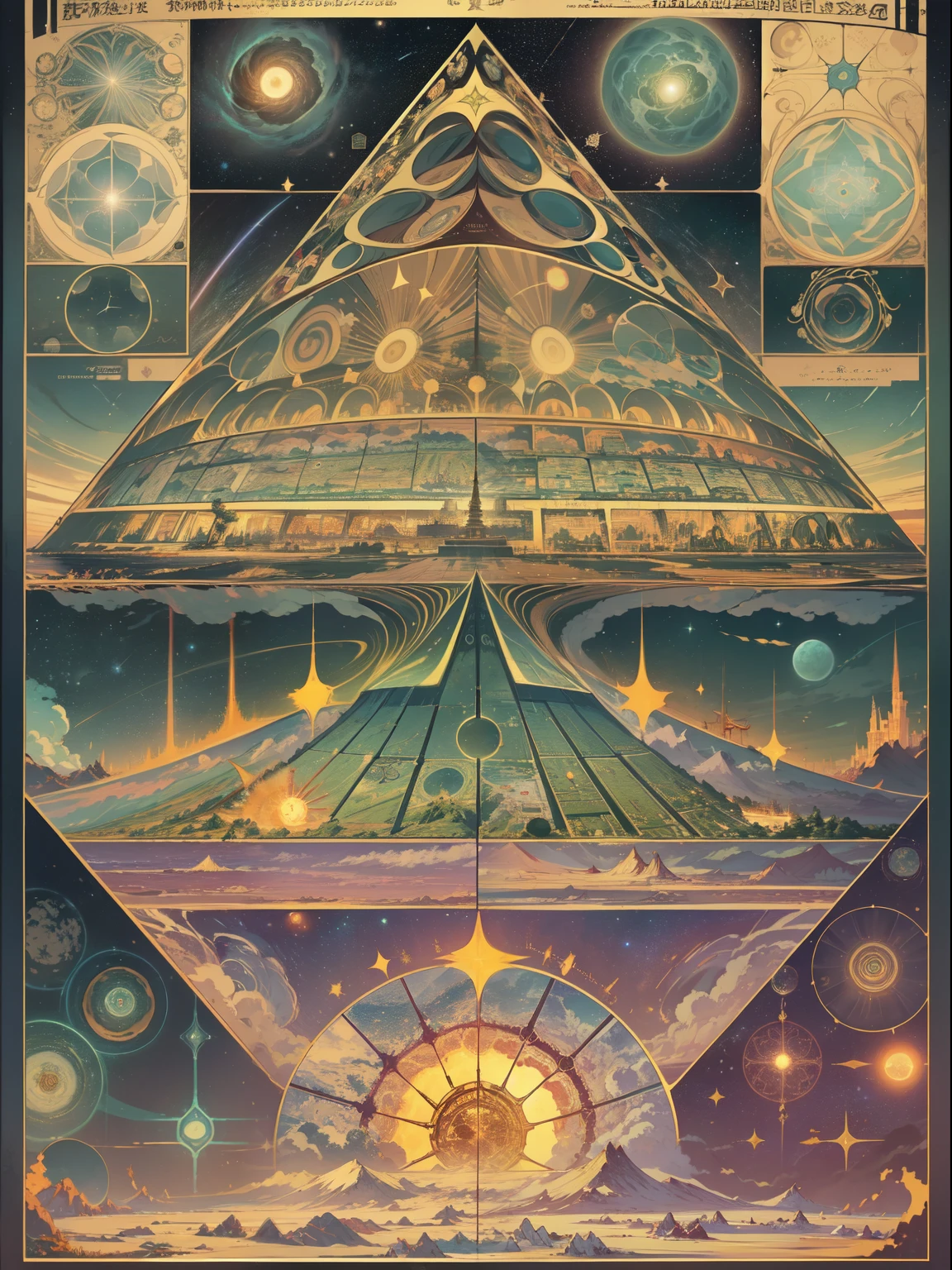 Best quality, Hyper-Resolution ,A layered diagram of Mount Meru's multi-layered universe,Detailed charts,Comment each section separately,triangular composition,Border,The edge of mysticism,Mountain and planetary grades,Surrounded by stars,Star chart,Very much detail is rich,Complex display charts,Alchemy Universe,Astronomy Teaching Diagram,Excellent performance, Beautiful stuff, sacred geometry, energy, psychic energy,.Fractal mandalas, Nuclear fusion of the sun, Meticulous work, Magical surrealism, Professional anime, s fractal art, artemisia, number art,.chroma, and harmonious, mistic, stark, The energy and science of the soul