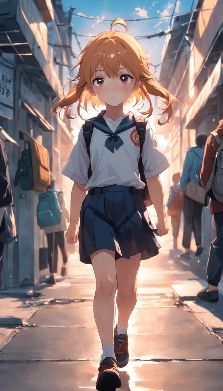 A cheerful little girl，Carrying a school bag，Hold the strap of your bag with both hands，Wear a white top, dark sweatpants, and a school uniform，Greeting the rising sun，Walk towards the school