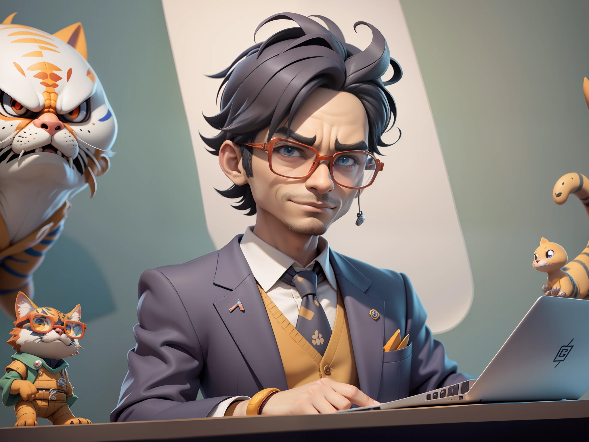 A young man in a suit, Short hair and glasses sat at his desk,holding laptop,digitial painting,tigre,3D character design by Mark Clairen and Pixar and Hayao Miyazaki and Akira Toriyama,4K HD illustration,Very detailed facial features and cartoon-style visuals。