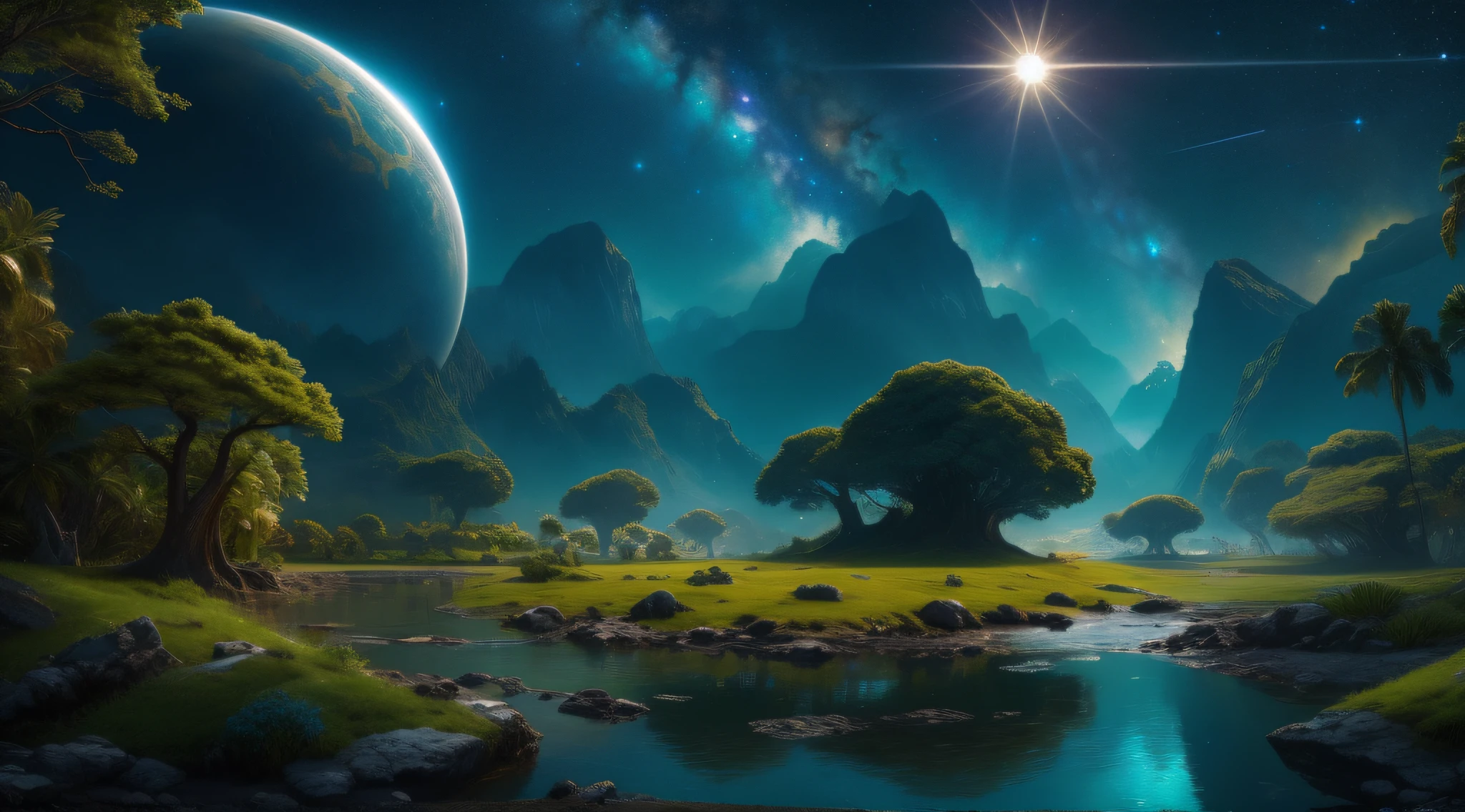 16K image quality,Best Quality,Masterpiece,beste-Qualit, tmasterpiece, Detail, Nature, Flora and fauna, tropics, on alien planet, Alien sky background, galaxies, Stars, planets, splash, Light, Magic, slap, Bright, Cinematic, , filigree, diffused lighting, surreal, Fantasy, insanely detailed, Clear vision, Full HD, 16k