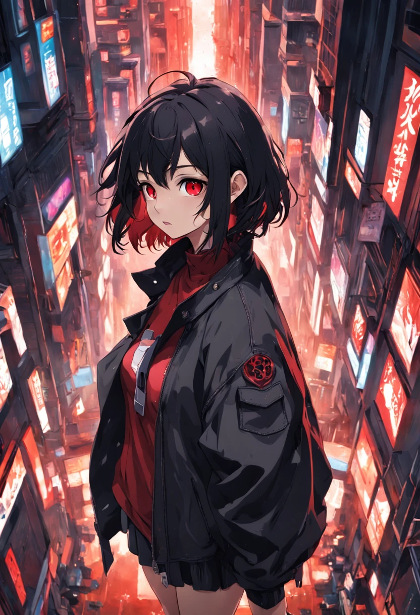 short-hair,A dark-haired,red eyes,Girl in jacket looking from above