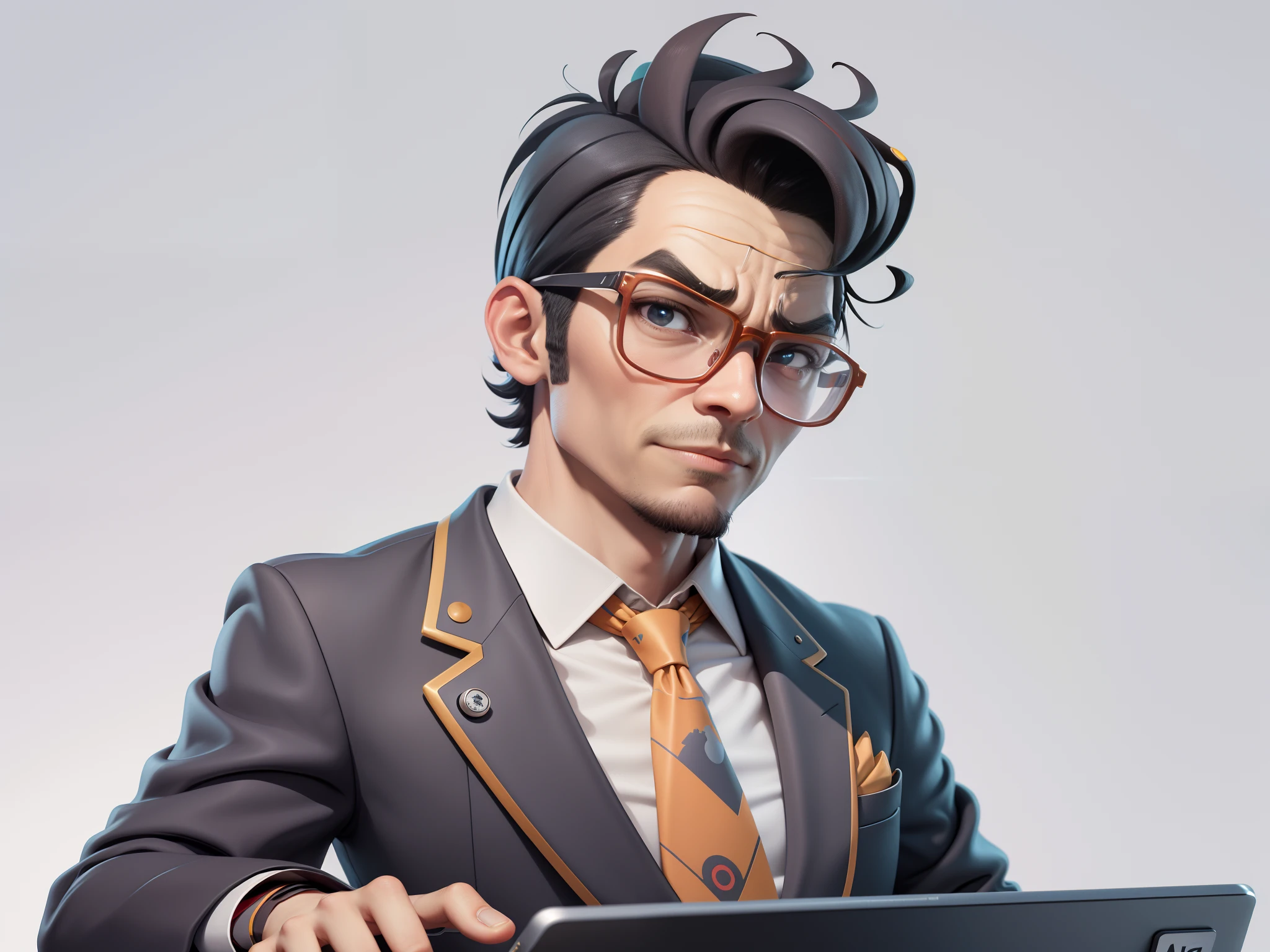 A young man in a suit, Short hair and glasses sat at his desk,holding laptop,digitial painting,tigre,3D character design by Mark Clairen and Pixar and Hayao Miyazaki and Akira Toriyama,4K HD illustration,Very detailed facial features and cartoon-style visuals。