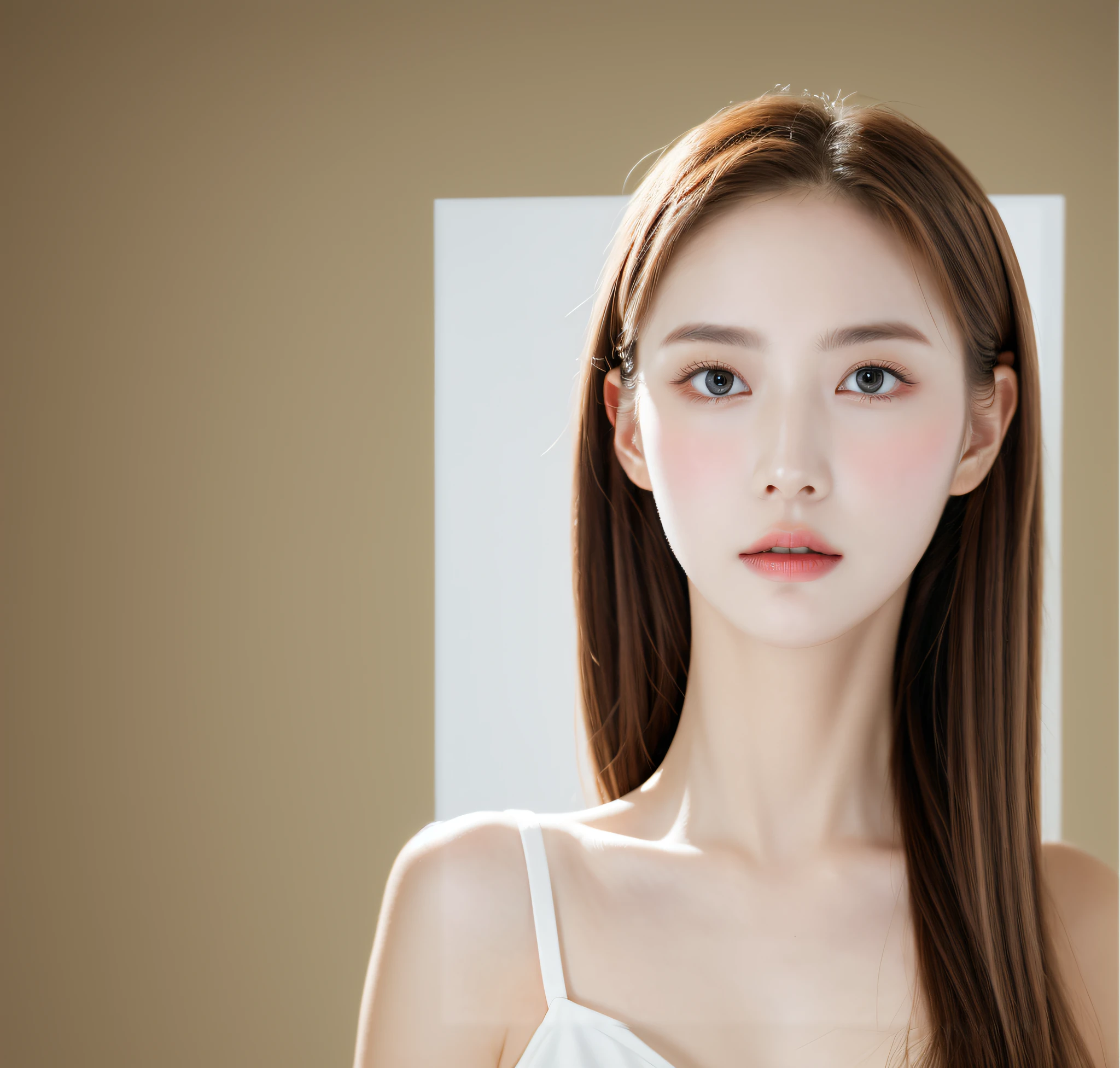 korean girl, very beautiful face, (photo realistic:1.4),(masterpiece, 4K, best quality, ultra detailed),studio shoot,pictorial,photography,realistic eyes, Ultra-Detailed Face, Detailed Lips, normal hand, glossy lips, glossy face, simple background