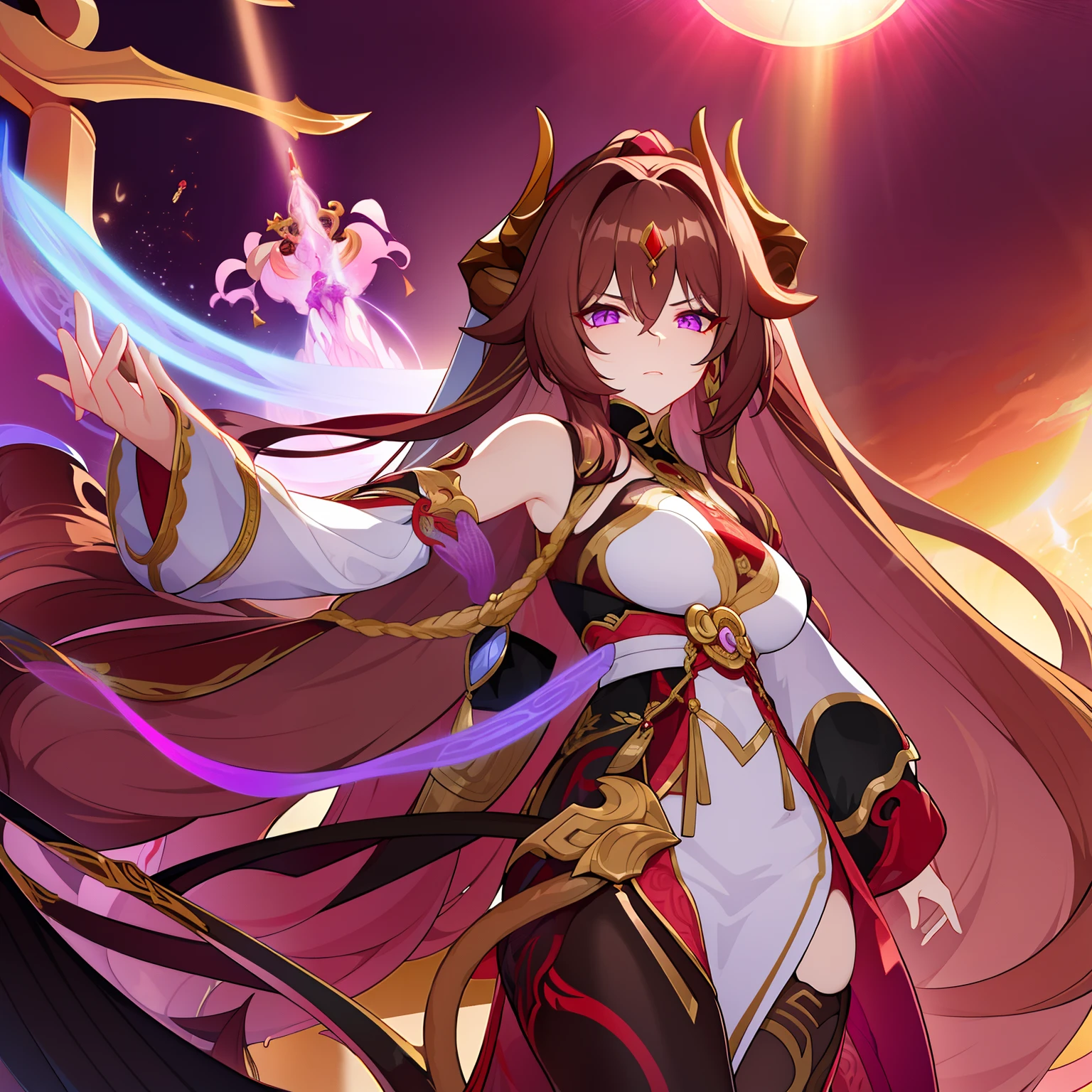 Woman, messy light brown long hair with a purple tint, dragon horns and tail, white and black Chinese dress with tight-fitting elements on her arms and legs, gold divine light, God's gaze, a sun circle, indifferent and cold gaze, light lipstick, light eyes