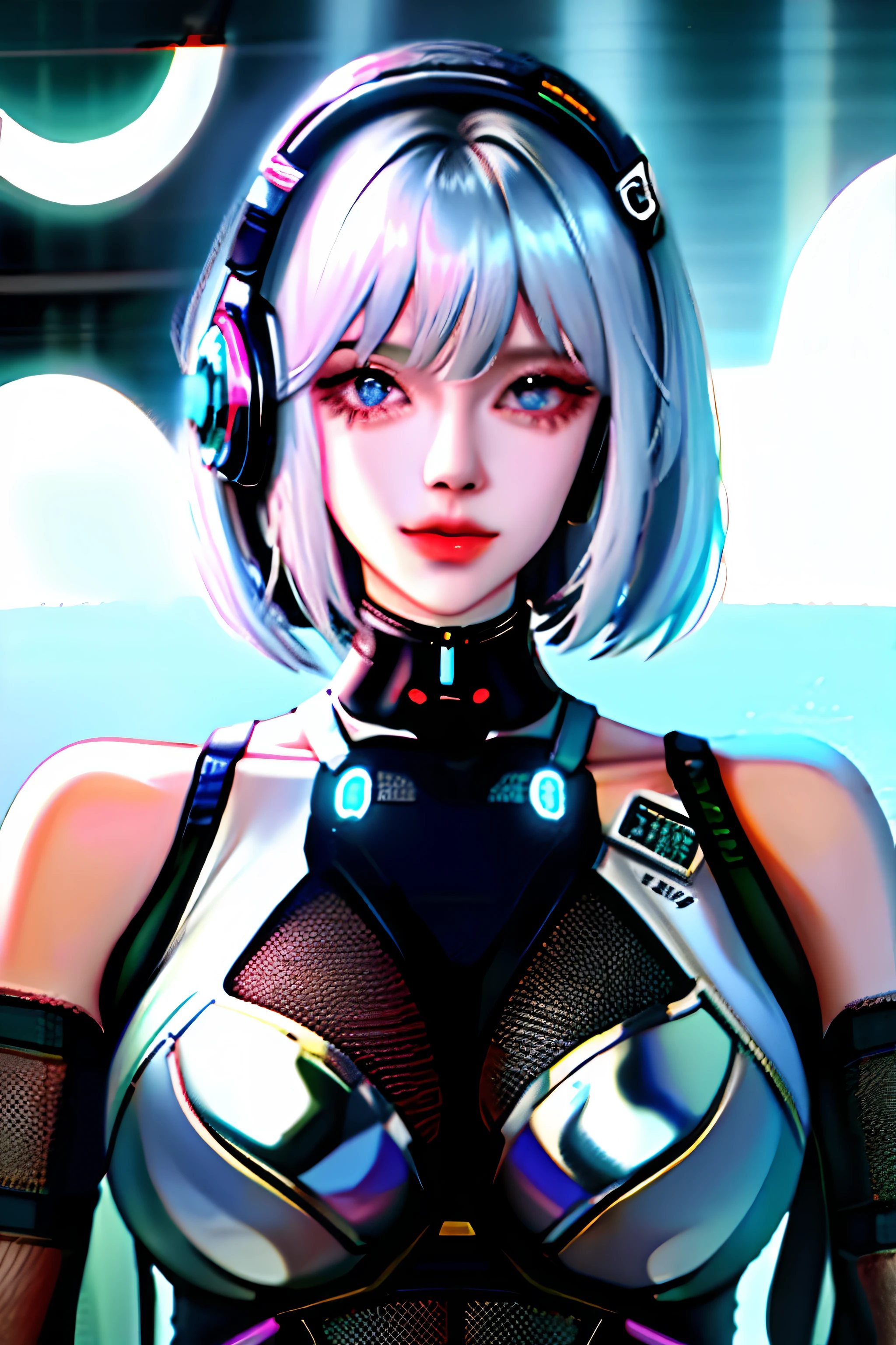 1girl, bangs, white hair, blue eyes, fashi-girl,bob cut,short hair, cleavage, collarbone, open jacket,mecha,cyberpunk,neon lights,large breasts,mature female,shiny skin,rain,water drop,badass,alluring,mecha musume,ghost in the shell,red lips,looking to the side,closed mouth,headphones,cinematic lighting