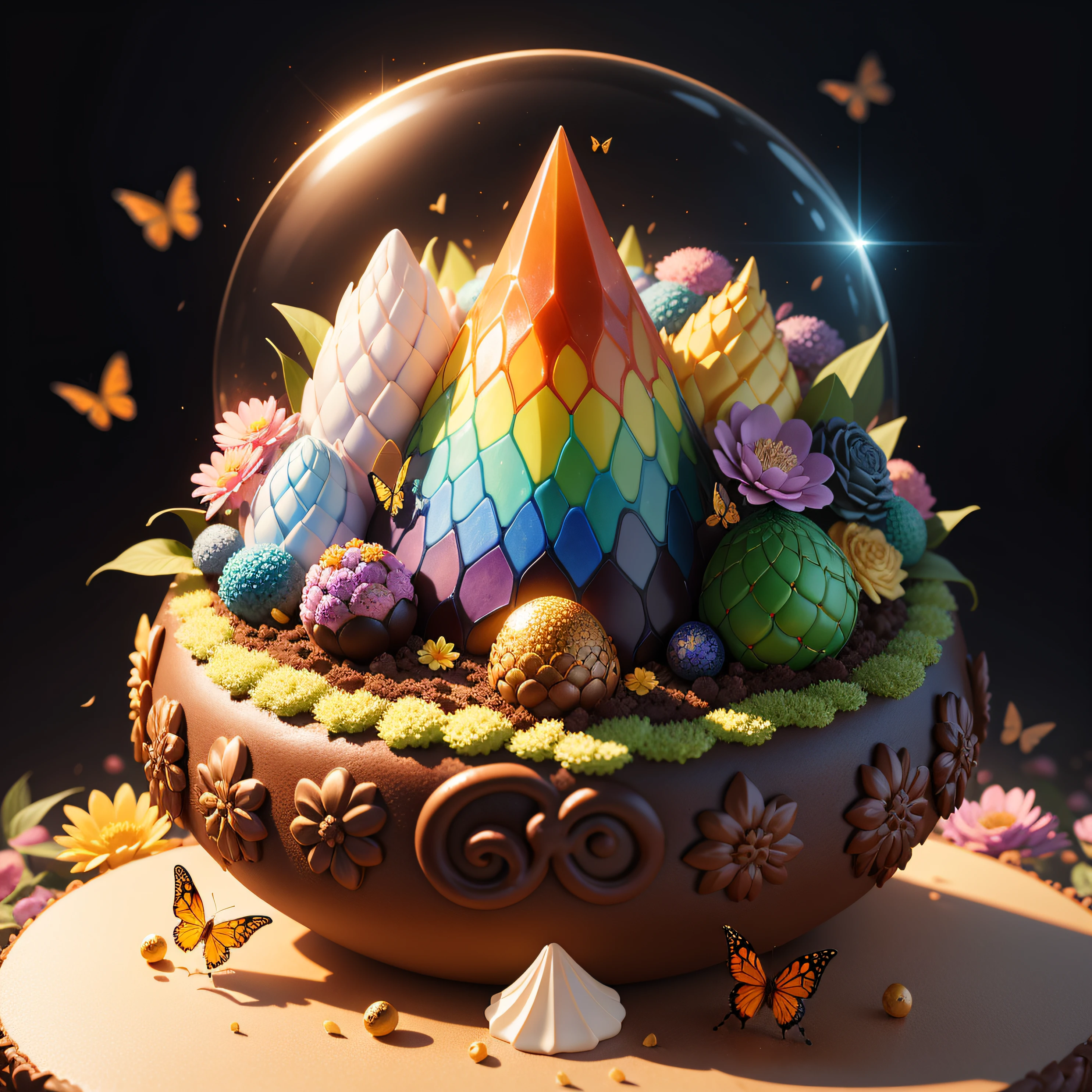 fanciful，。.3D，Anthill cake made from colorful dragon eggshells，A colorful crystal dragon，It is surrounded by butterflies and flowers