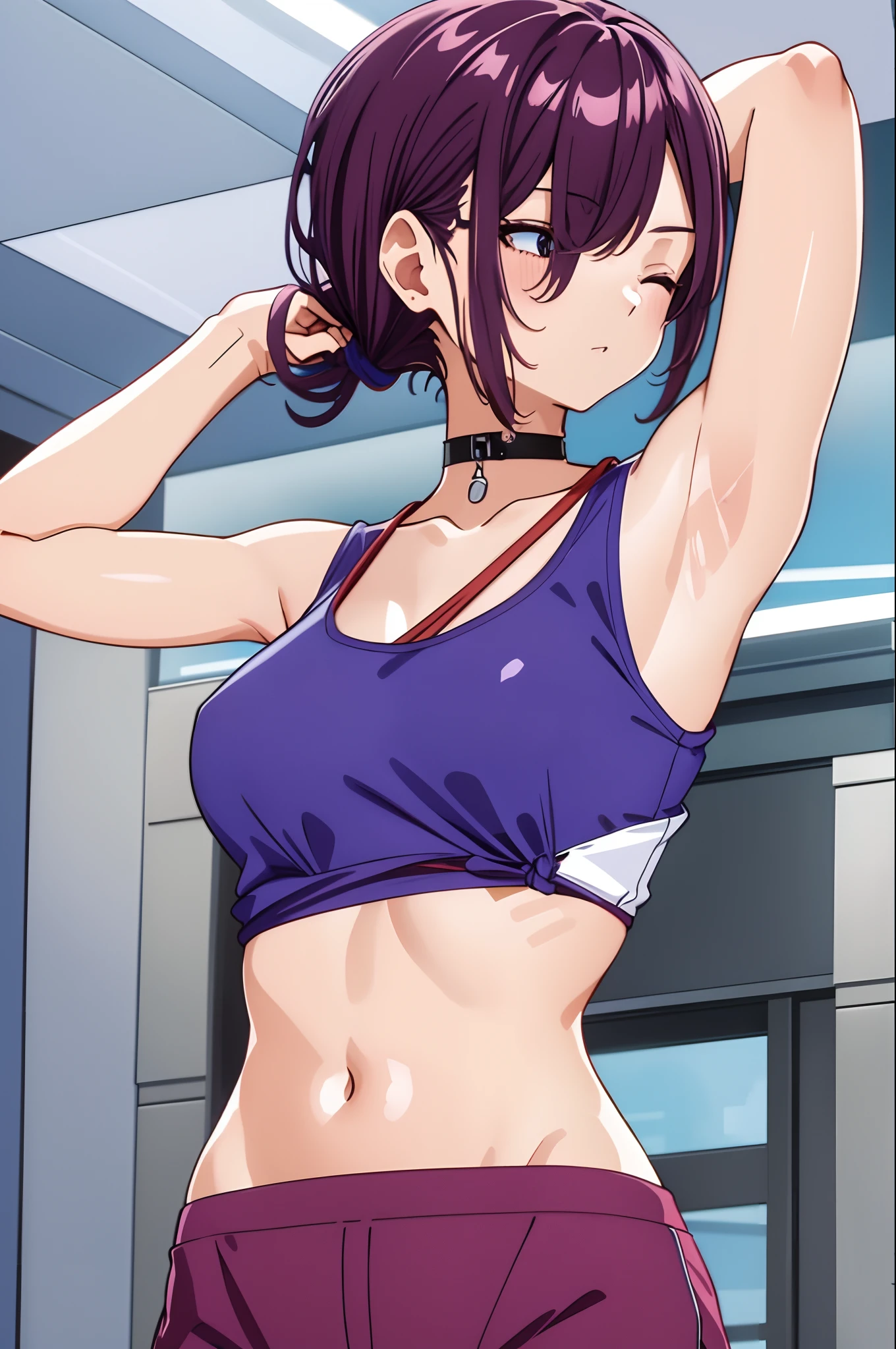 kanzaki rin, tank top, (sleeveless), (detached sleeves), Navel (presenting armpit), arms behind head, hands behind head, arms raised, hands in pockets, standing, (simple background), one eye closed, (tying hair), open mounth