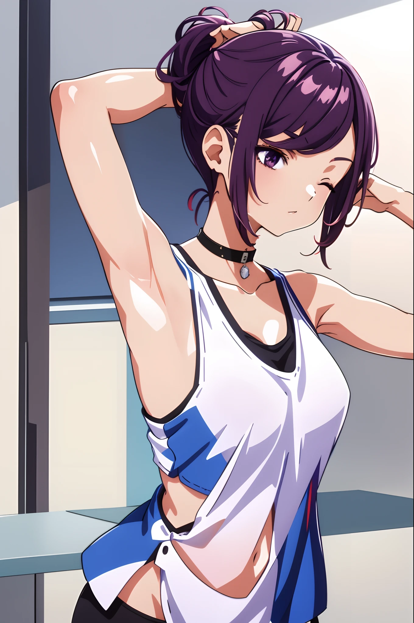 kanzaki rin, white tank top, (sleeveless), (detached sleeves), Navel (presenting armpit), arms behind head, hands behind head, arms raised, hands in pockets, standing, (simple background), one eye closed, (tying hair), open mounth, simple background