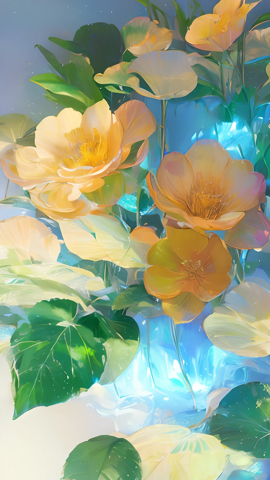 ((1 leaf))，golden colored，green color，vein，Glass texture、Light，Spectral light， Gradient translucent glass melt, Caustics, cleanness