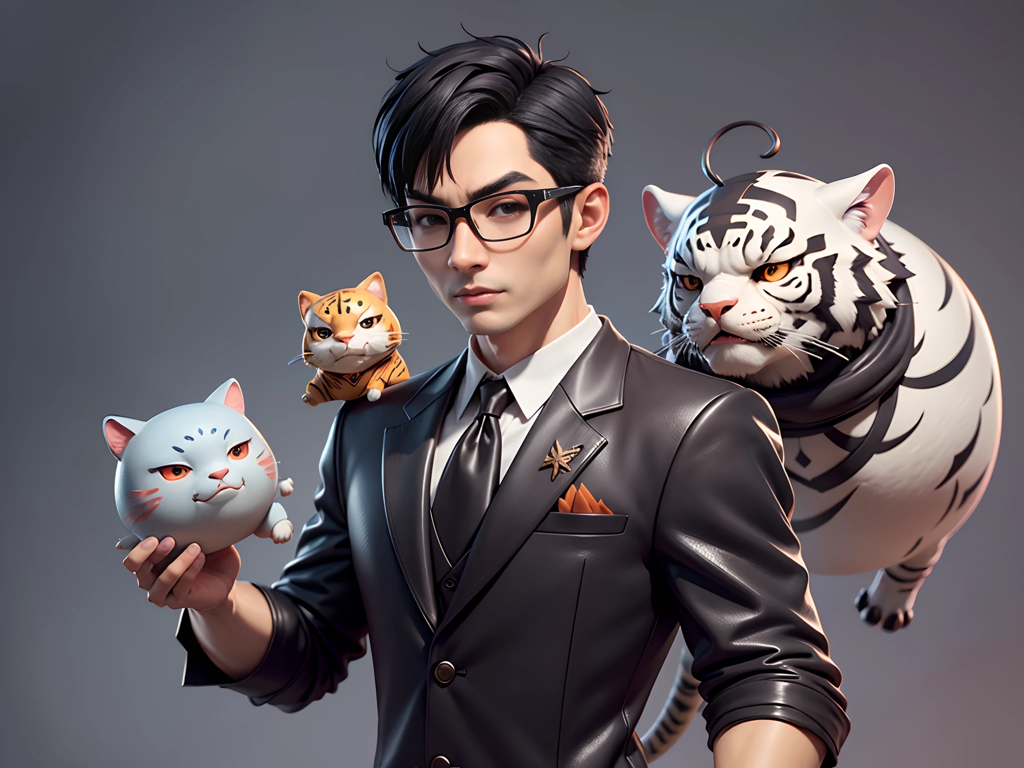 (Masterpiece), (Extreme Quality), (Super Meticulous), (Full Body: 1.2), Super Young Man, Chinese Dragon, Tiger, Wind God Thor, Sexy, Bursting, Oriental Face, TV Anchor, Bust Portrait Illustration, Black Formal Suit, Blue Tie, Slightly Chubby Face, Silver Glasses, Very Clean Face, No Beard on Chin, Black Super Short Hair, Black Eyes, Confident Smile, 3c Computer Sub-Products, iPad, iPhone, Digital Painting, 3D Character Design by Mark Claireden and Pixar and Hayao Miyazaki and Akira Toriyama, The illustration is a high-definition illustration in 4K resolution with very detailed facial features and cartoon-style visuals.