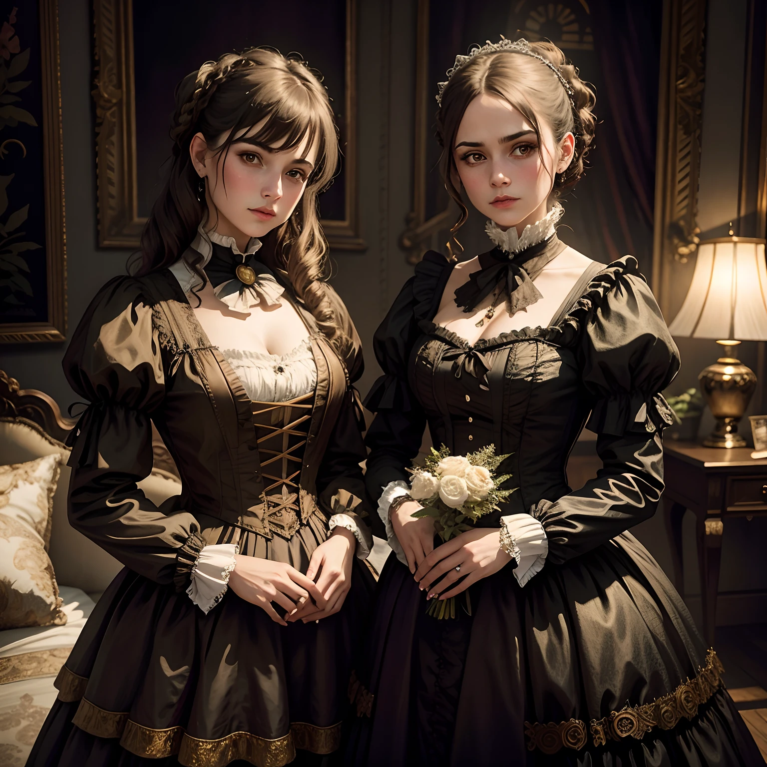 two women in victorian dress standing next to each other, both wearing victorian clothes, victorian gothic ****ta fashion, historical baroque dress dark, in victorian aristocrat, victorian style costume, baroque dress, wearing victorian clothes, historical baroque dress, with victorian clothing, in detailed steampunk dress, steampunk era, (steampunk), ( steampunk ), rococo cyberpunk, victorian dress, rococo dress