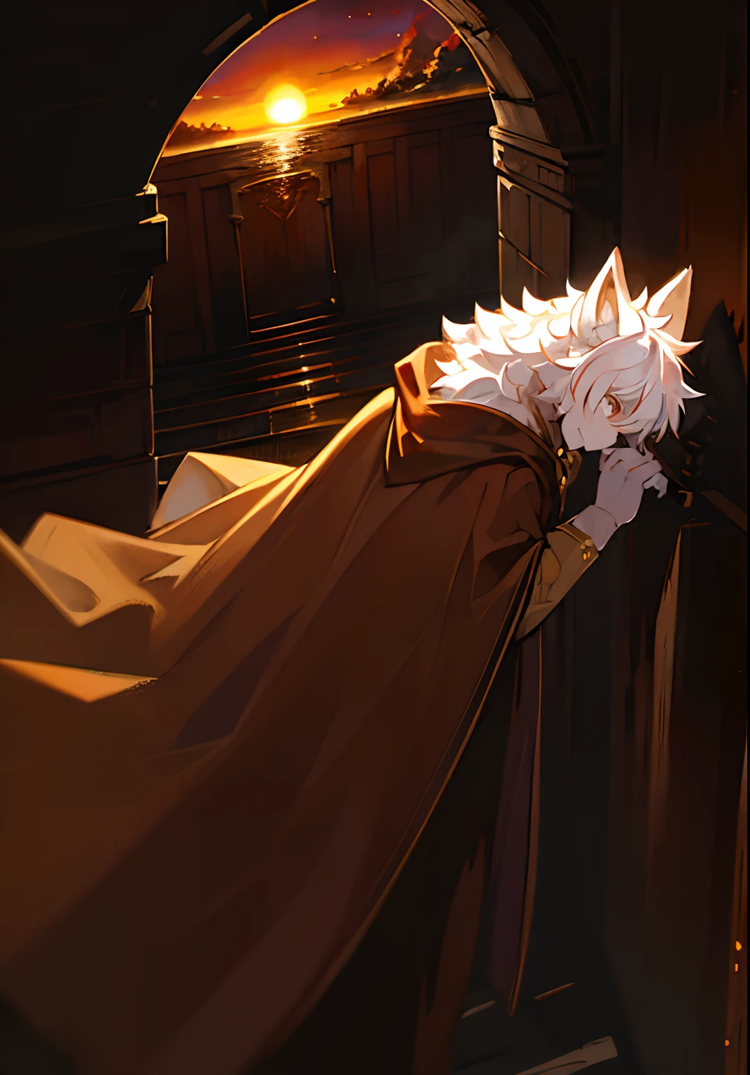 (dark environment0.8),masterpiece,high quality,highly detailed,digital art,fiery sun hanging over the sea,dusk,furry wolf,solo,furry male,fluffy tail,fluffy ears,back to the camera,white hair,brown fur,brown cloak,becide the sea,bowing to the sun,wide angle lens,fine art,fascinating
