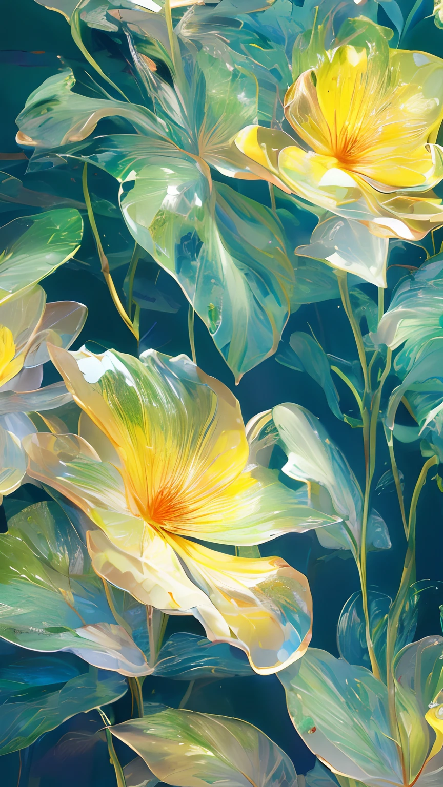 ((1 leaf))，golden colored，green color，vein，Glass texture、Light，Spectral light， Gradient translucent glass melt, Caustics, cleanness